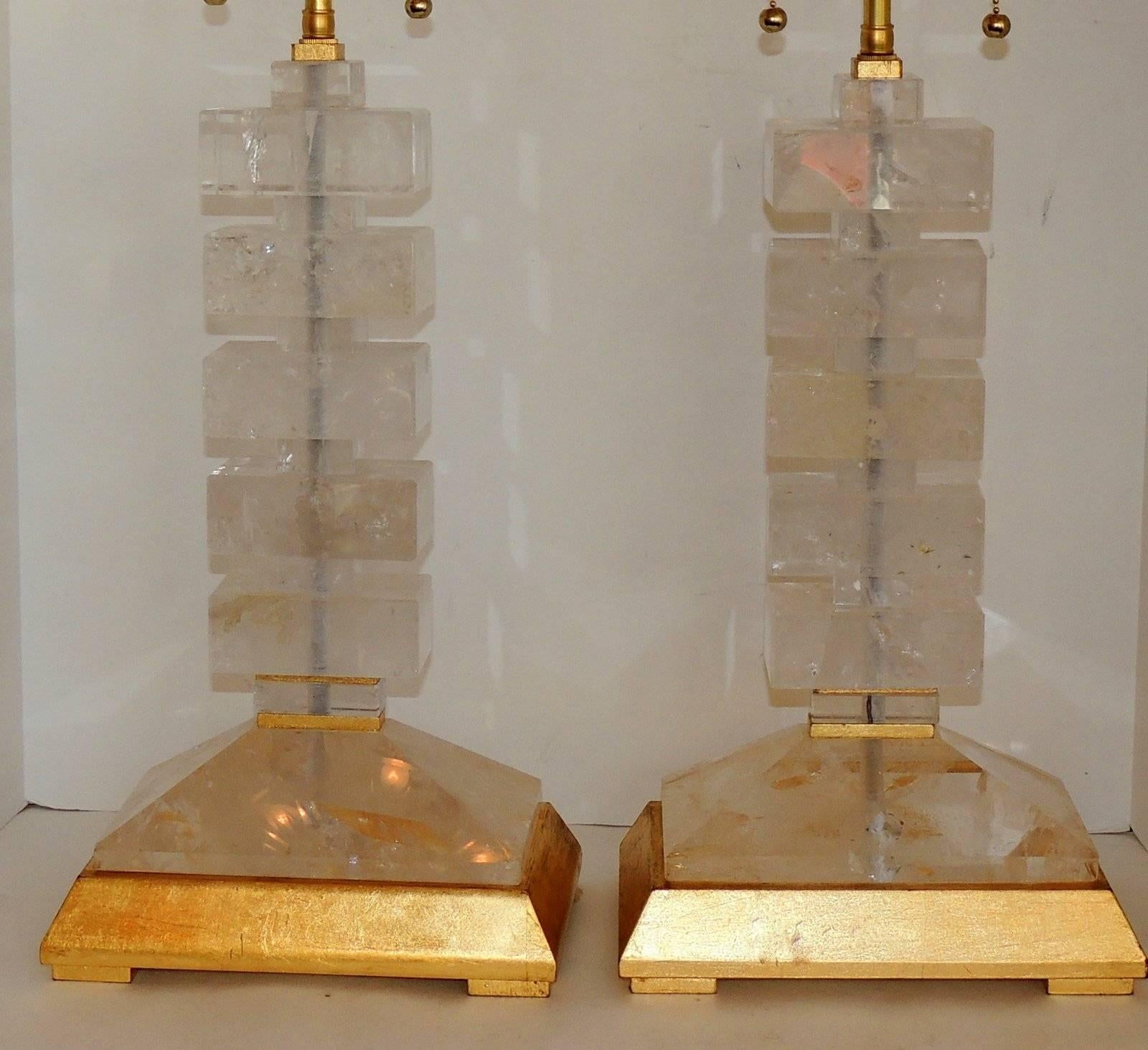 American Modern Transitional Jansen Deco Pair of Gilt and Rock Crystal Bagues Lamps