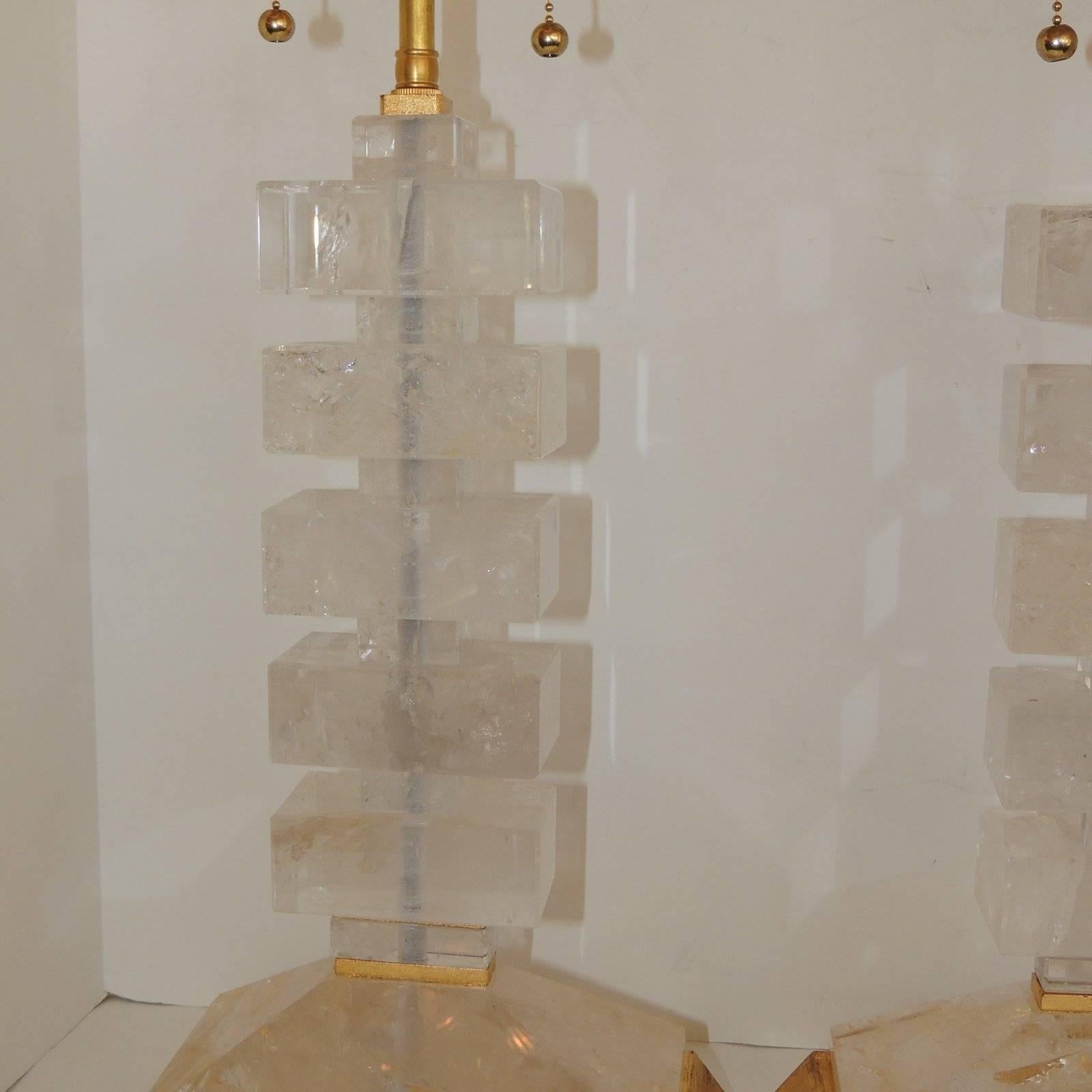 Modern Transitional Jansen Deco Pair of Gilt and Rock Crystal Bagues Lamps In Good Condition In Roslyn, NY