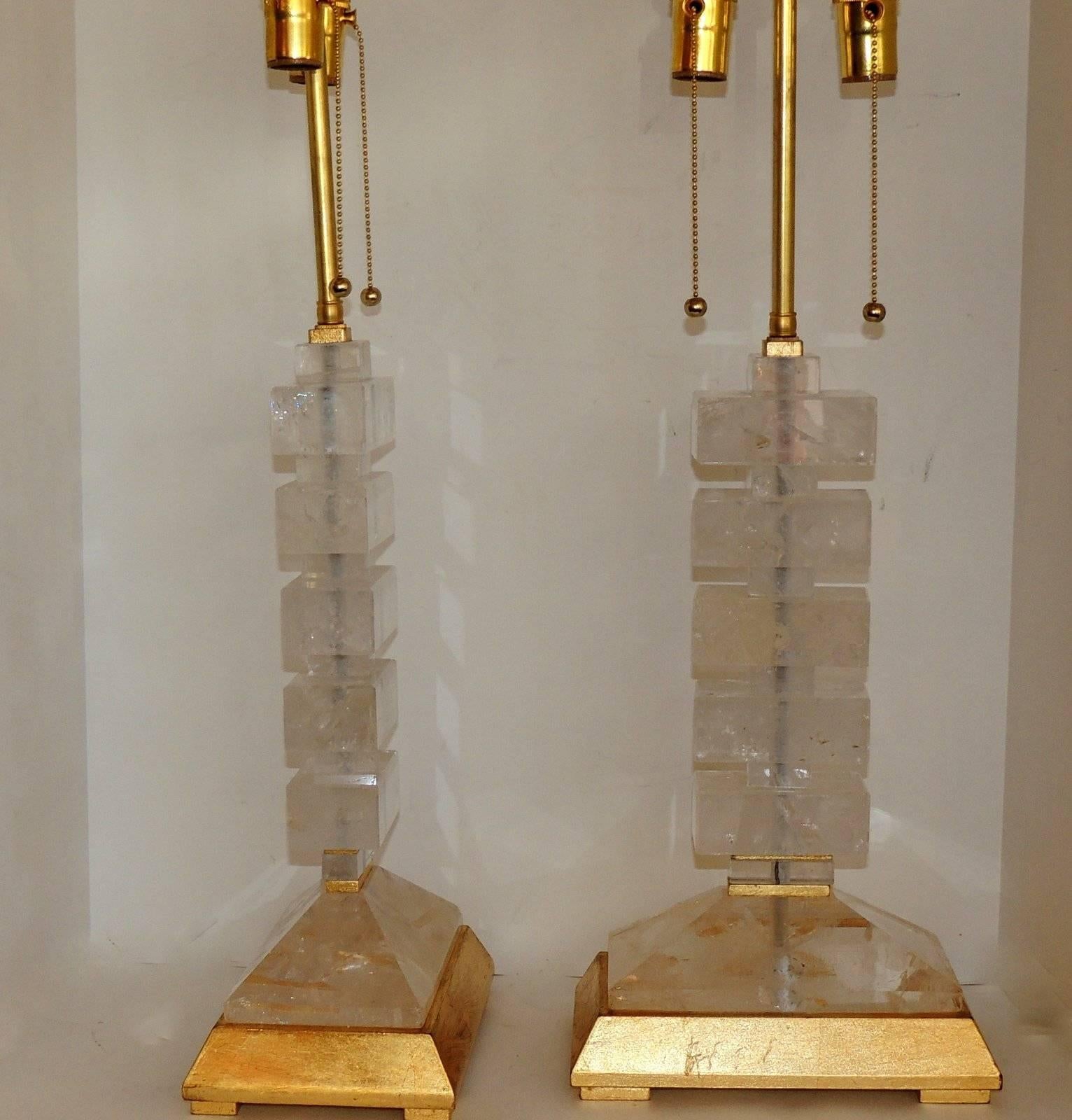 Modern Transitional Jansen Deco Pair of Gilt and Rock Crystal Bagues Lamps 1