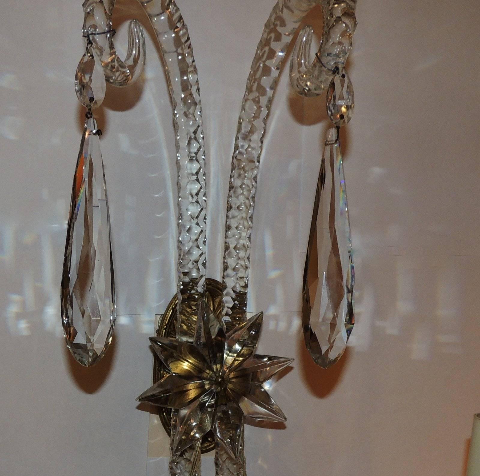 Italian Palatial Antique Large Pair Of Elegant Cut Crystal & Bronze Two-Arm Star Sconces