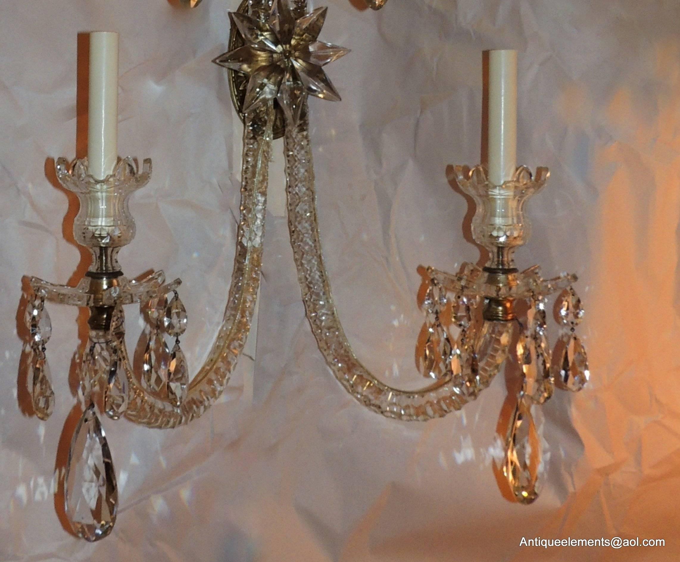 Palatial Antique Large Pair Of Elegant Cut Crystal & Bronze Two-Arm Star Sconces 1