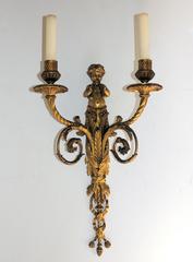 Exquisite Pair Of Antique French Dore Bronze Cherub Putti Flute Two Arm Sconces