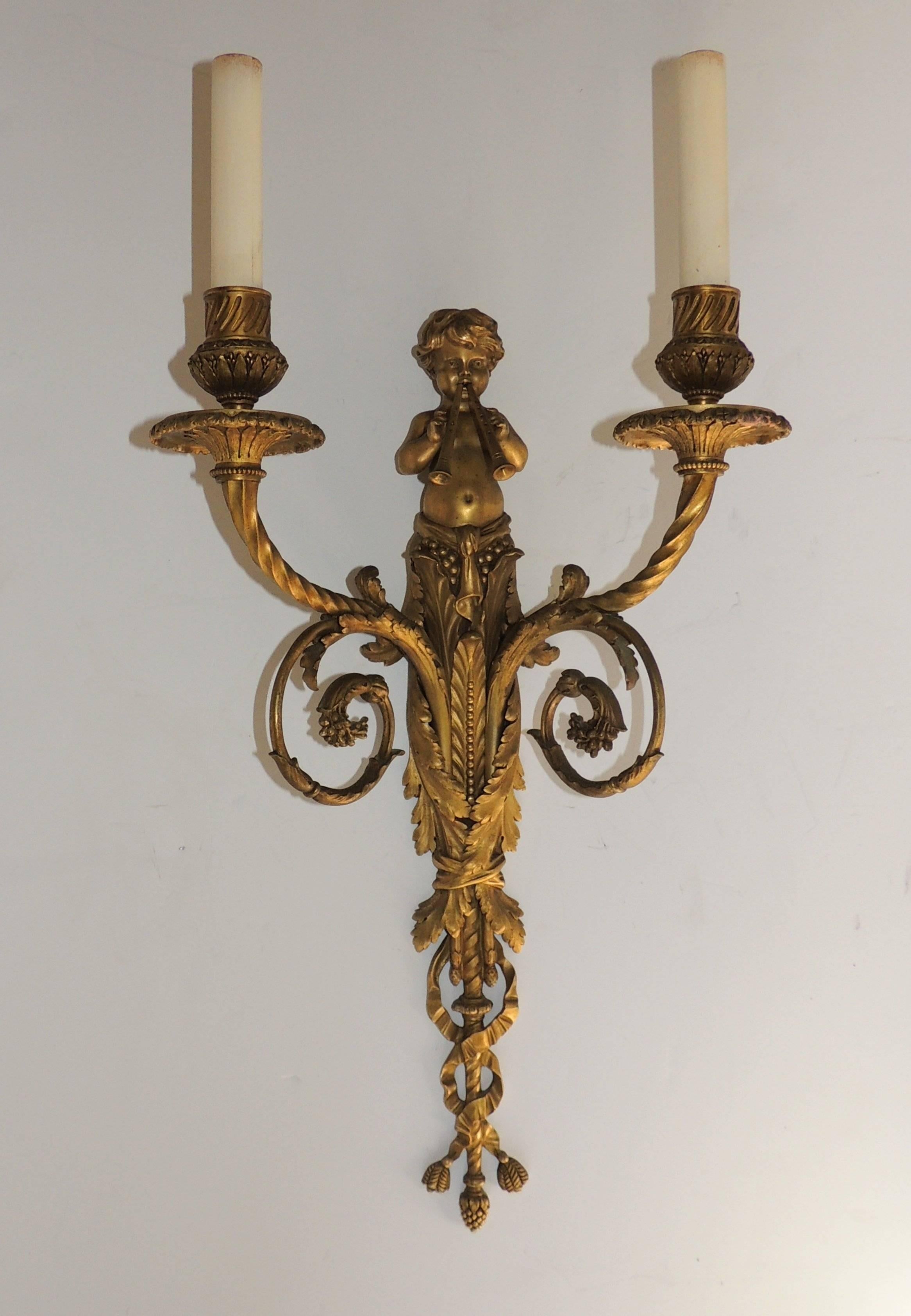 Gilt Exquisite Pair Of Antique French Dore Bronze Cherub Putti Flute Two Arm Sconces