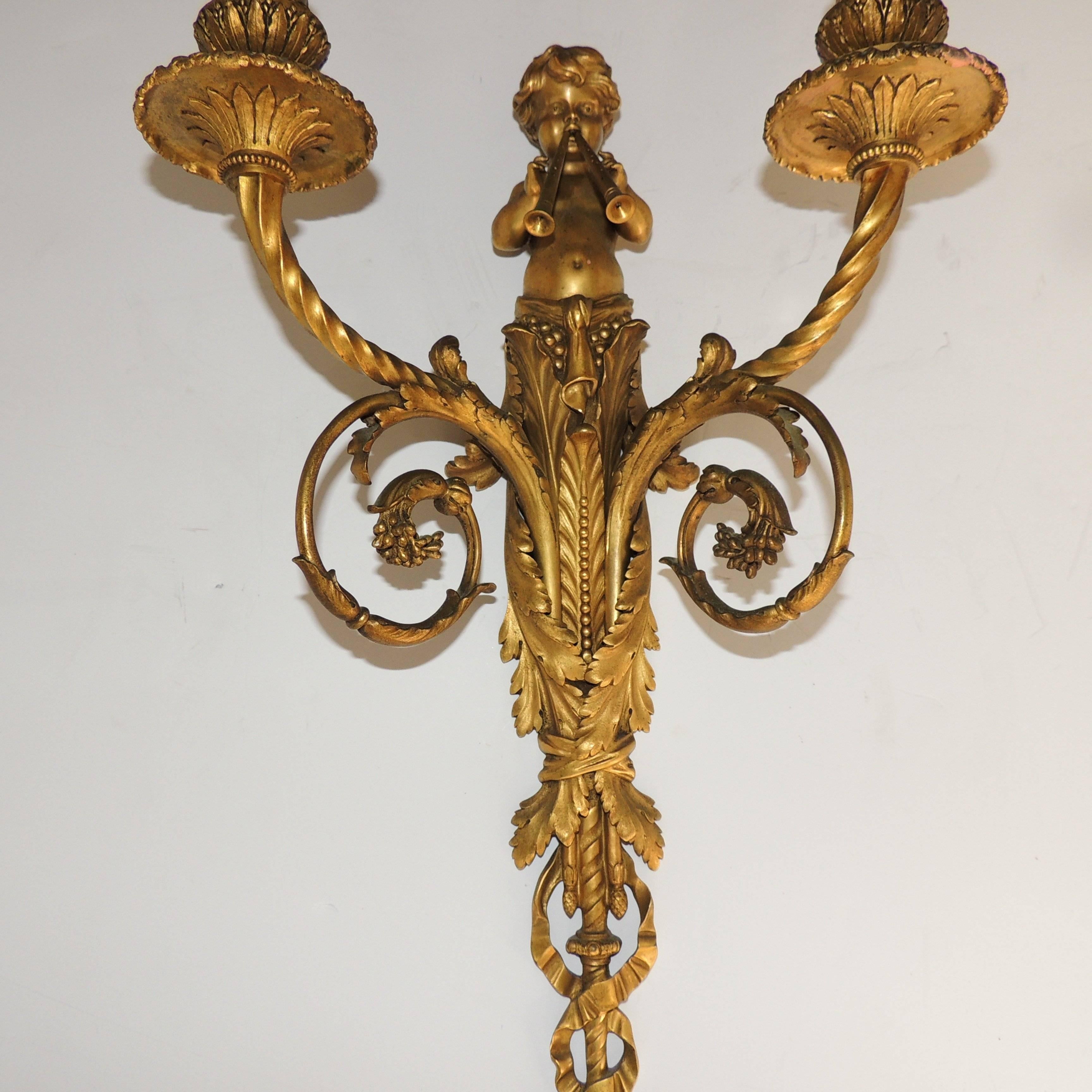 Exquisite Pair Of Antique French Dore Bronze Cherub Putti Flute Two Arm Sconces 1