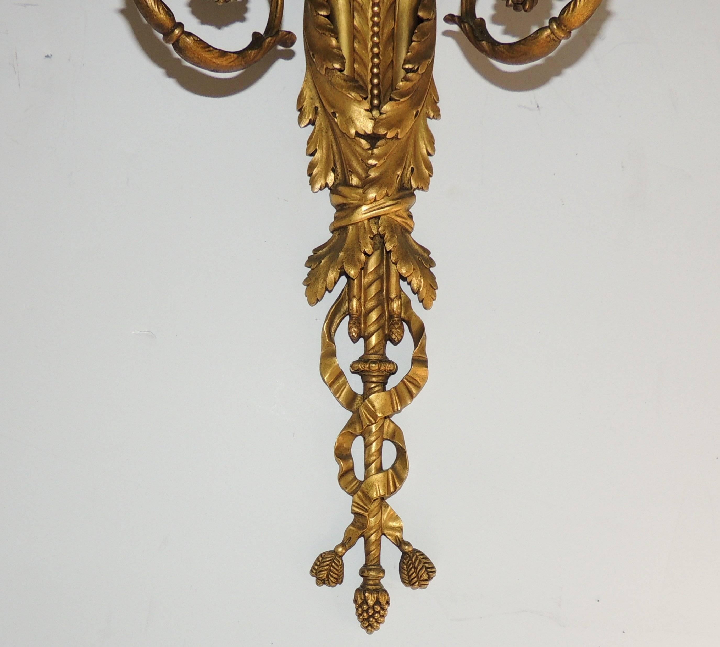 Exquisite Pair Of Antique French Dore Bronze Cherub Putti Flute Two Arm Sconces 2