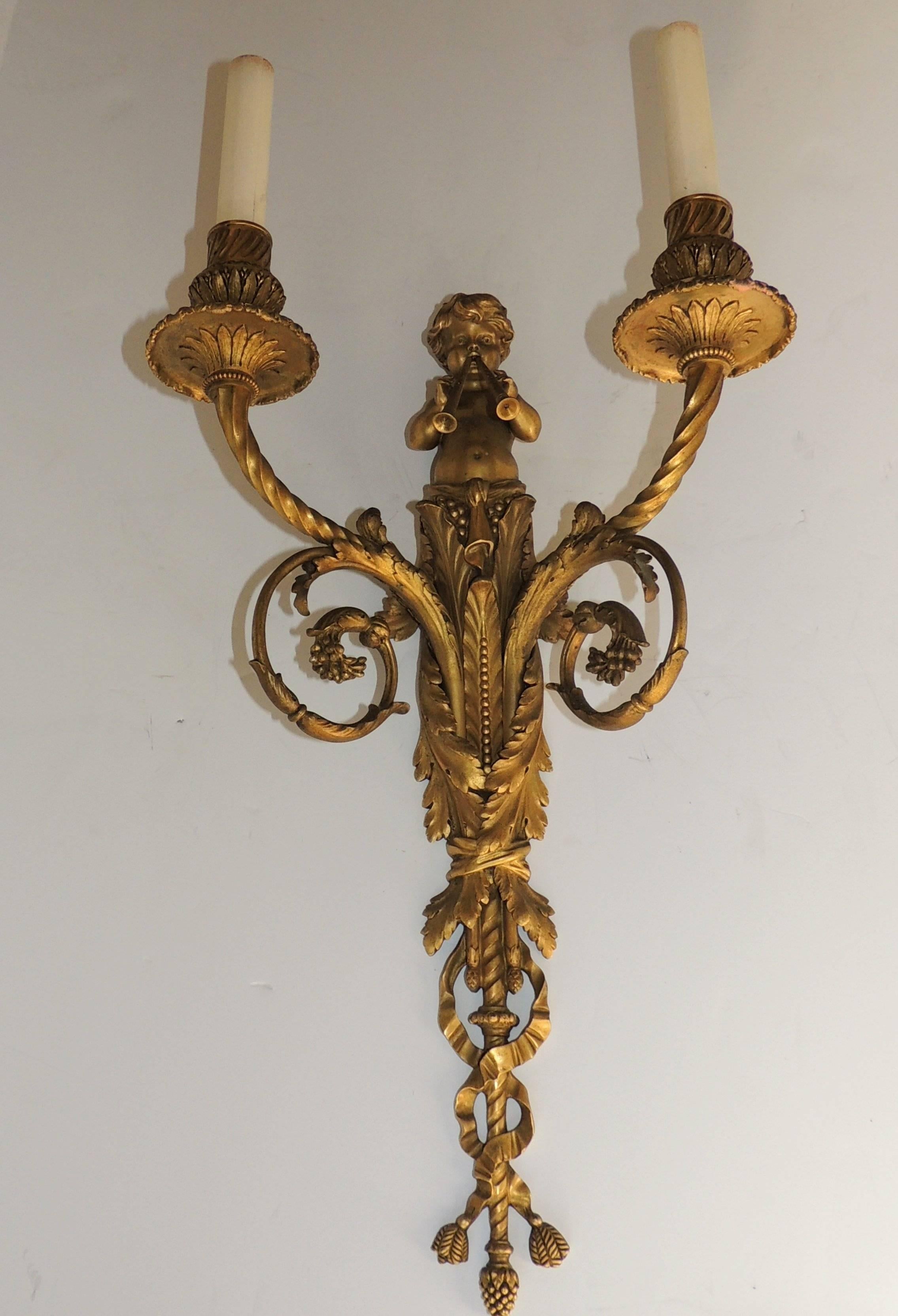 Exquisite Pair Of Antique French Dore Bronze Cherub Putti Flute Two Arm Sconces 3