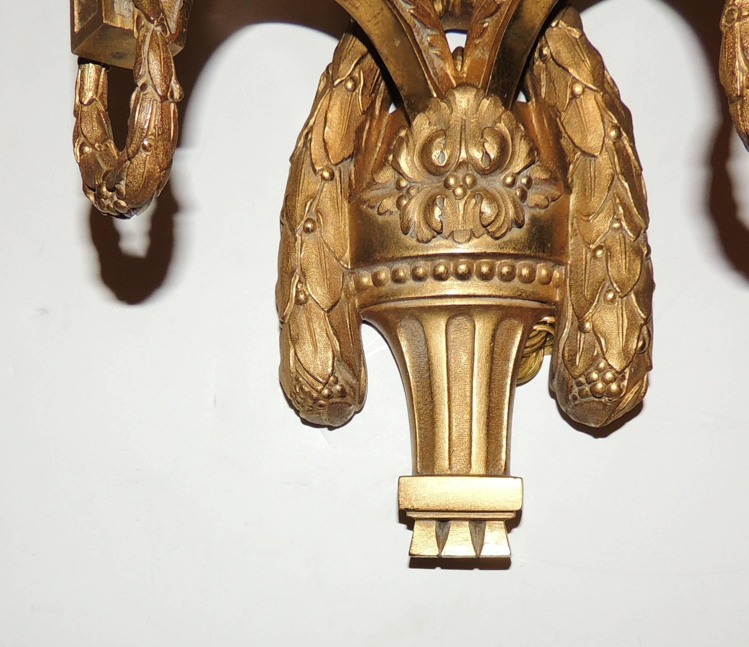 Early 20th Century Fine Elegant Caldwell Pair Gilt Bronze Two Arm Swag Draped Sconces  