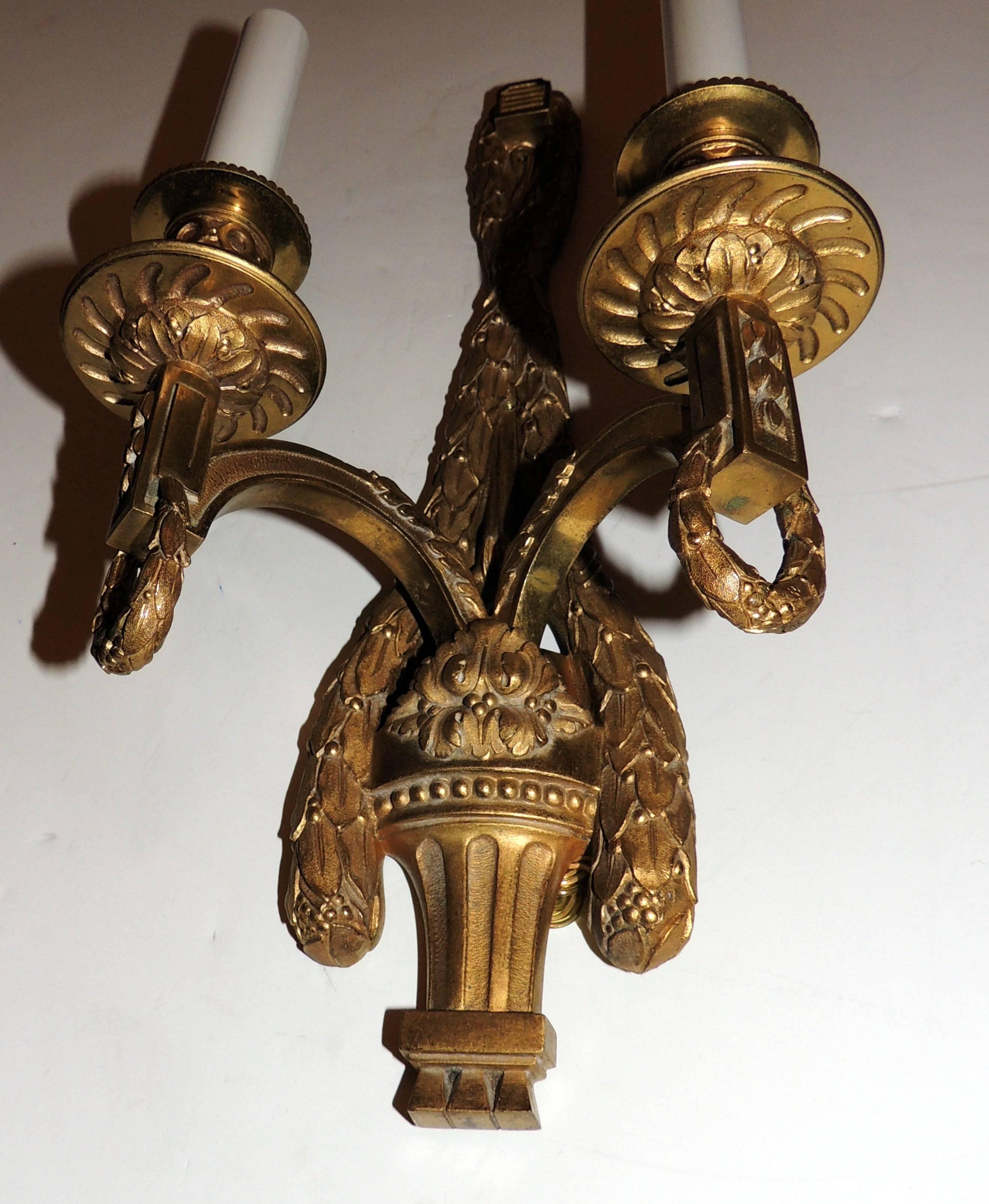 Fine Elegant Caldwell Pair Gilt Bronze Two Arm Swag Draped Sconces   In Good Condition In Roslyn, NY