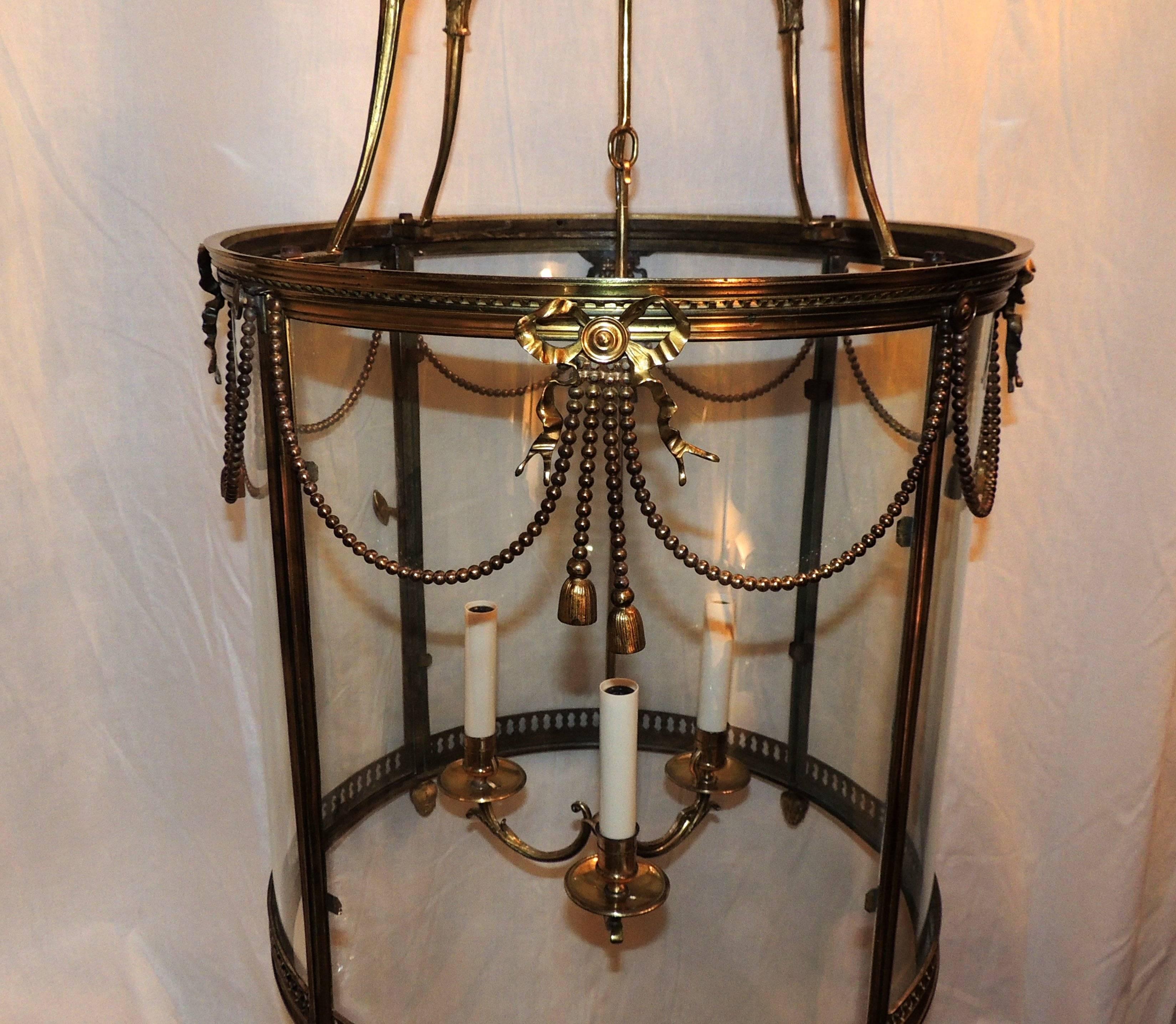 Glass Palatial Large French Louis XVI Gilt Bronze Ribbon & Bow Swag Lantern Chandelier