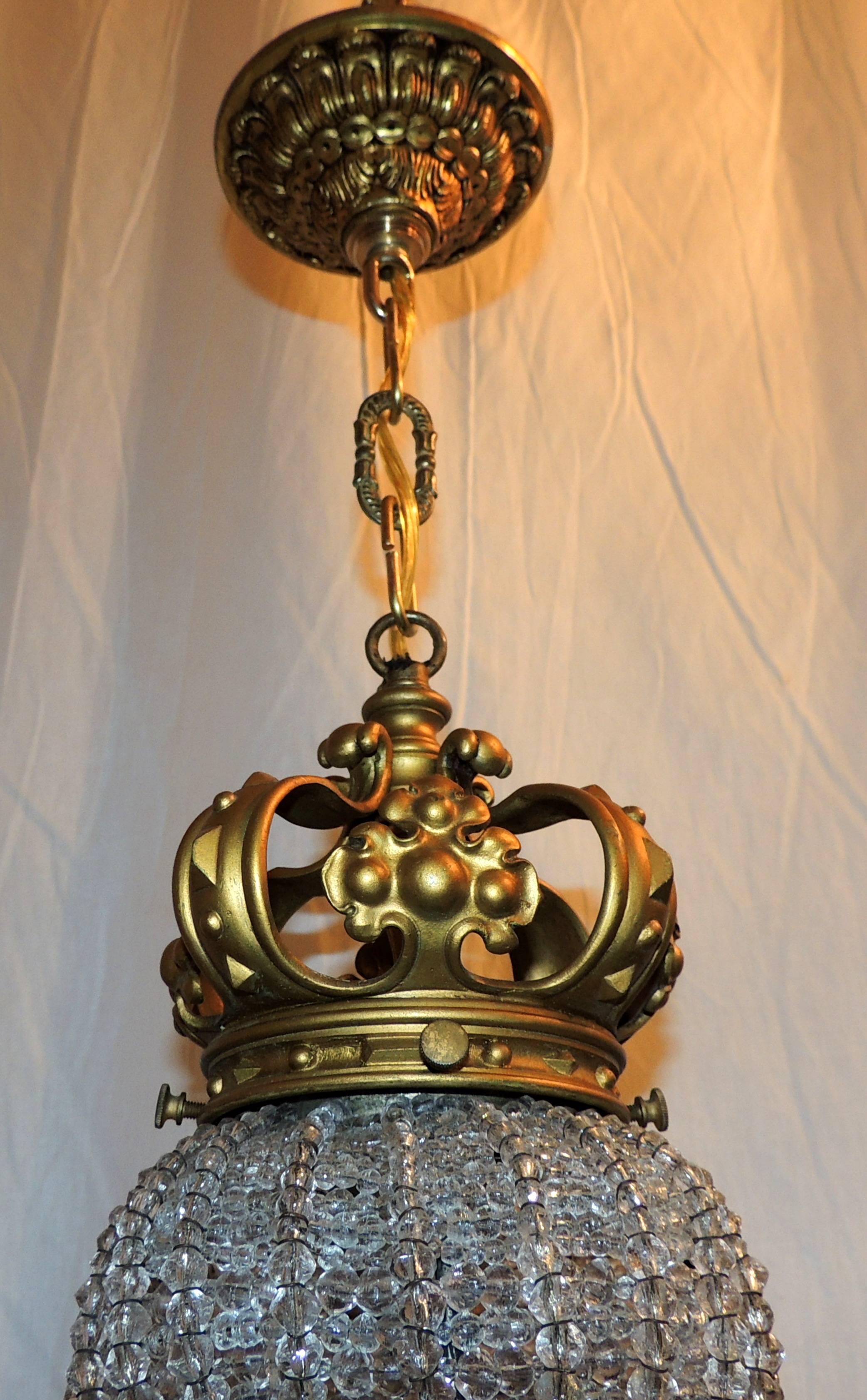 Gilt Wonderful French Bronze Crown and Beaded Light Fixture Chandelier