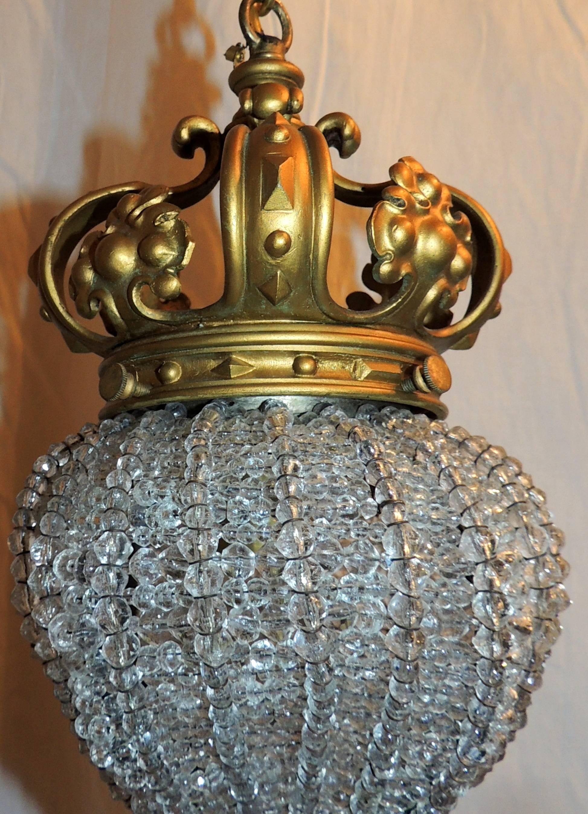 Wonderful French Bronze Crown and Beaded Light Fixture Chandelier In Good Condition In Roslyn, NY