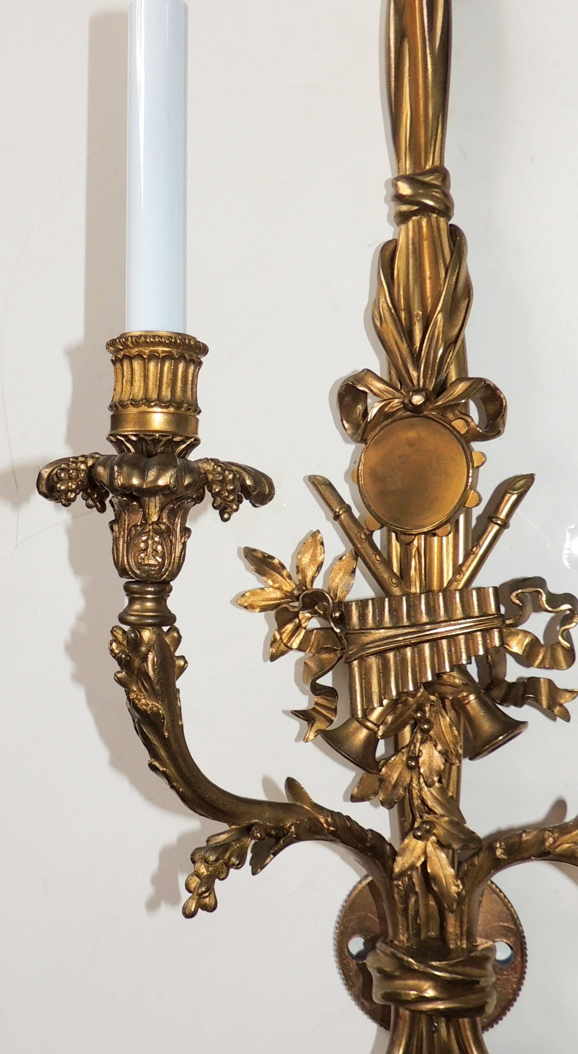 Outstanding Pair French Gilt Bronze Musical Instrument & Tassel Floral Sconces 3