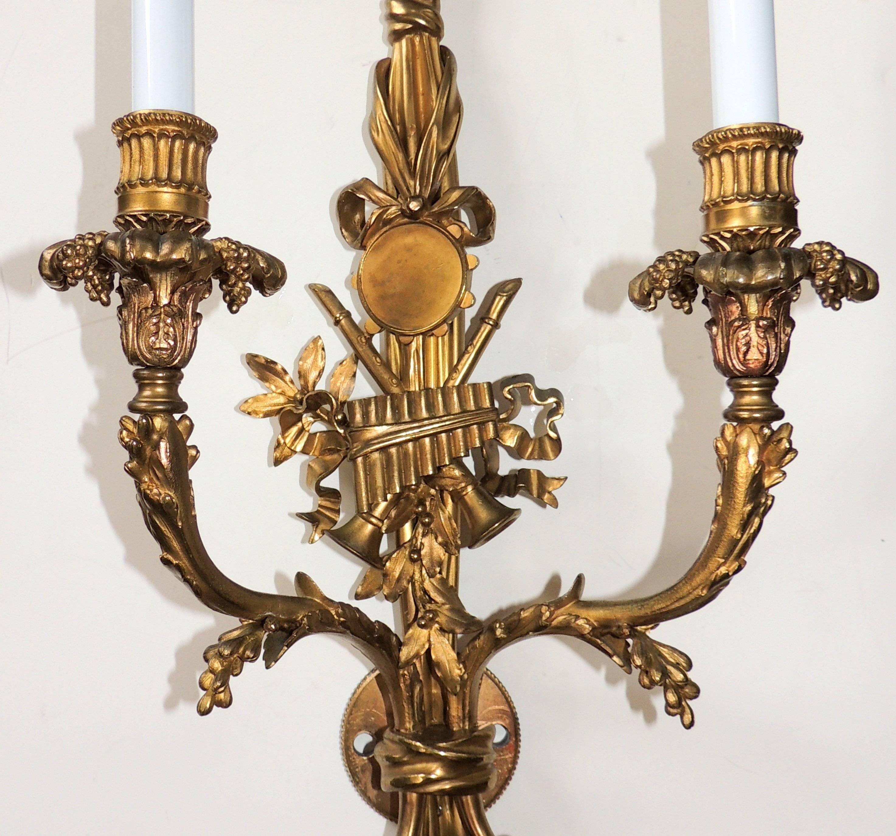 Early 20th Century Outstanding Pair French Gilt Bronze Musical Instrument & Tassel Floral Sconces