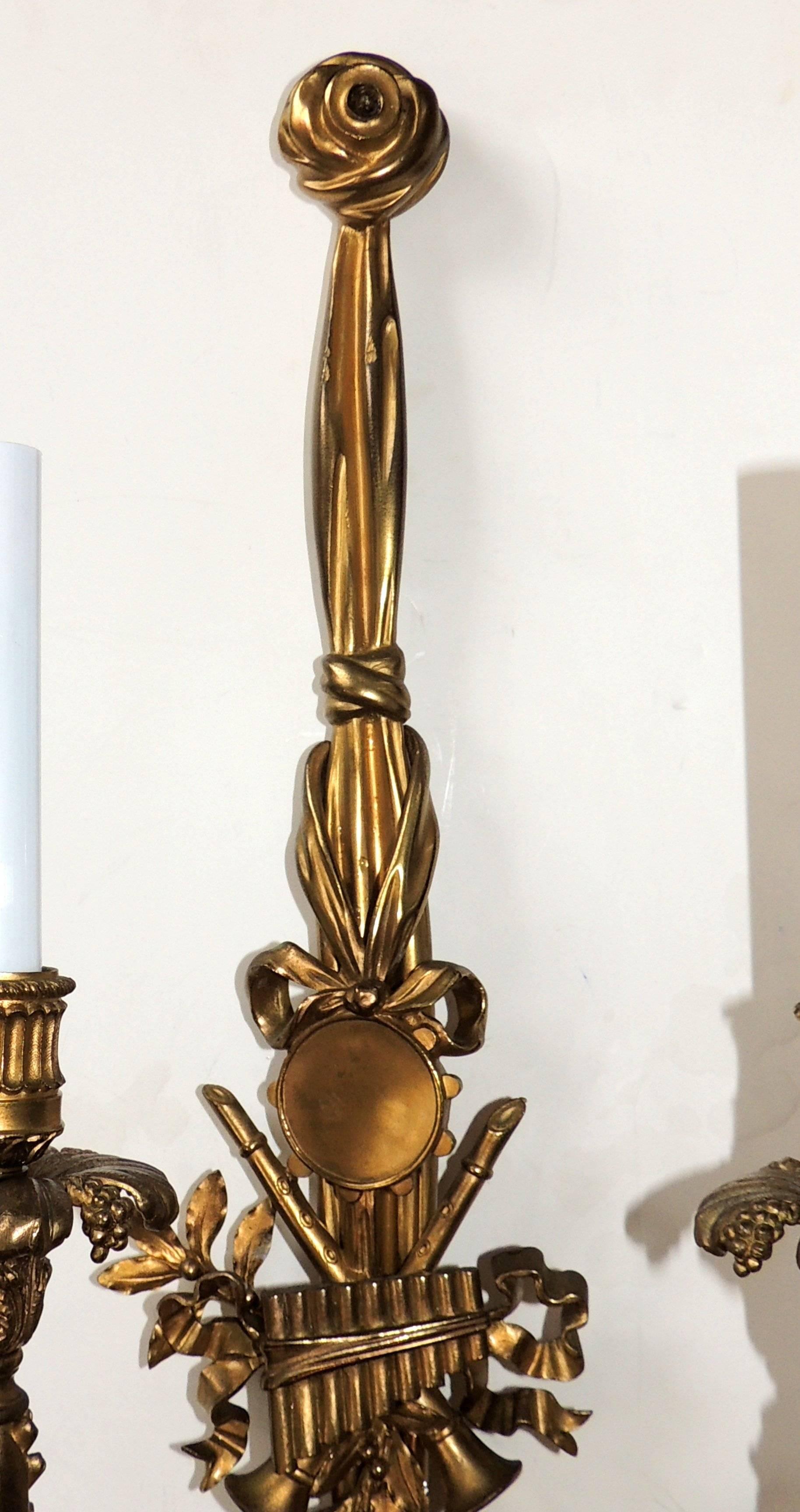 Outstanding Pair French Gilt Bronze Musical Instrument & Tassel Floral Sconces 2