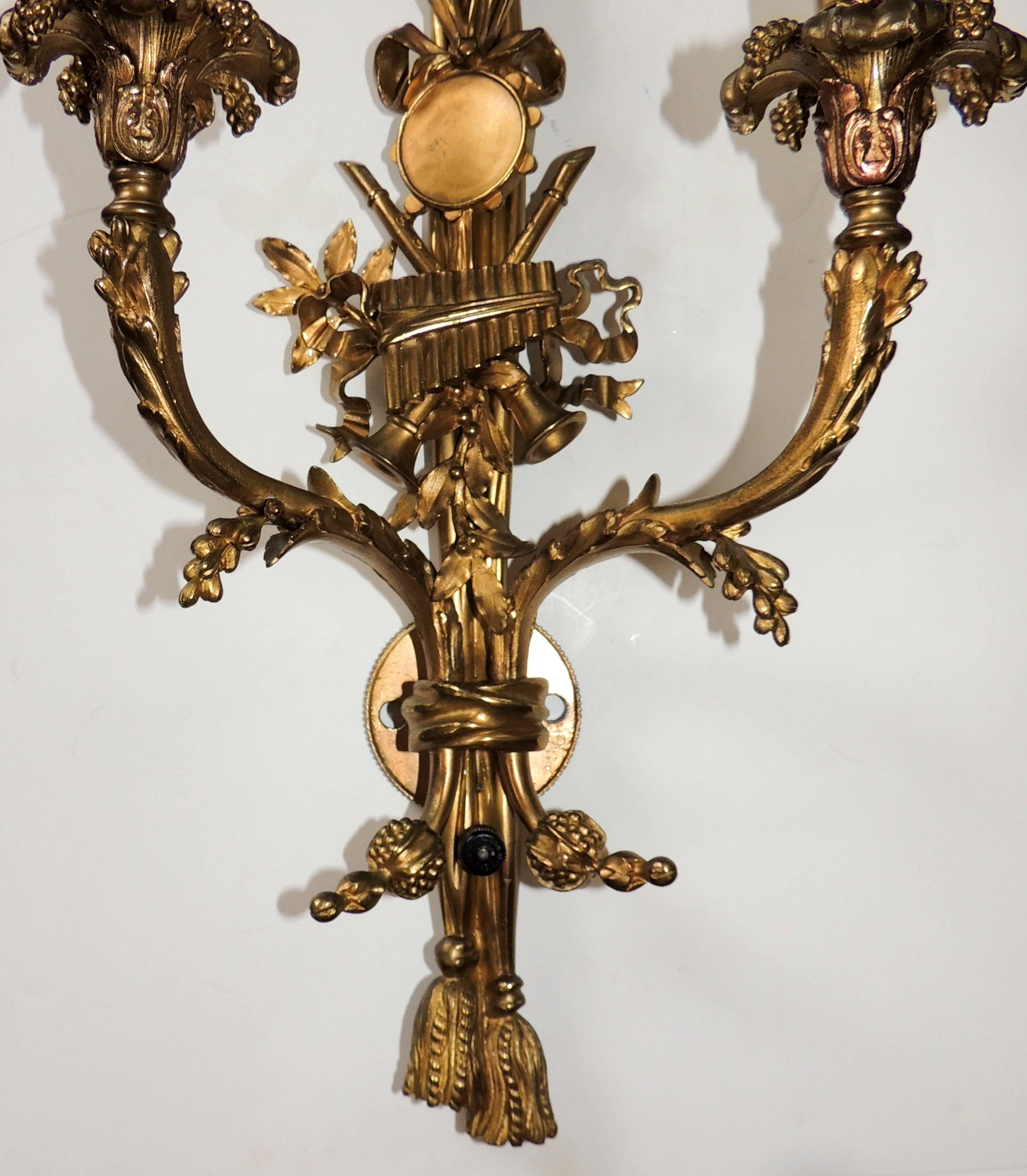 Outstanding Pair French Gilt Bronze Musical Instrument & Tassel Floral Sconces 4