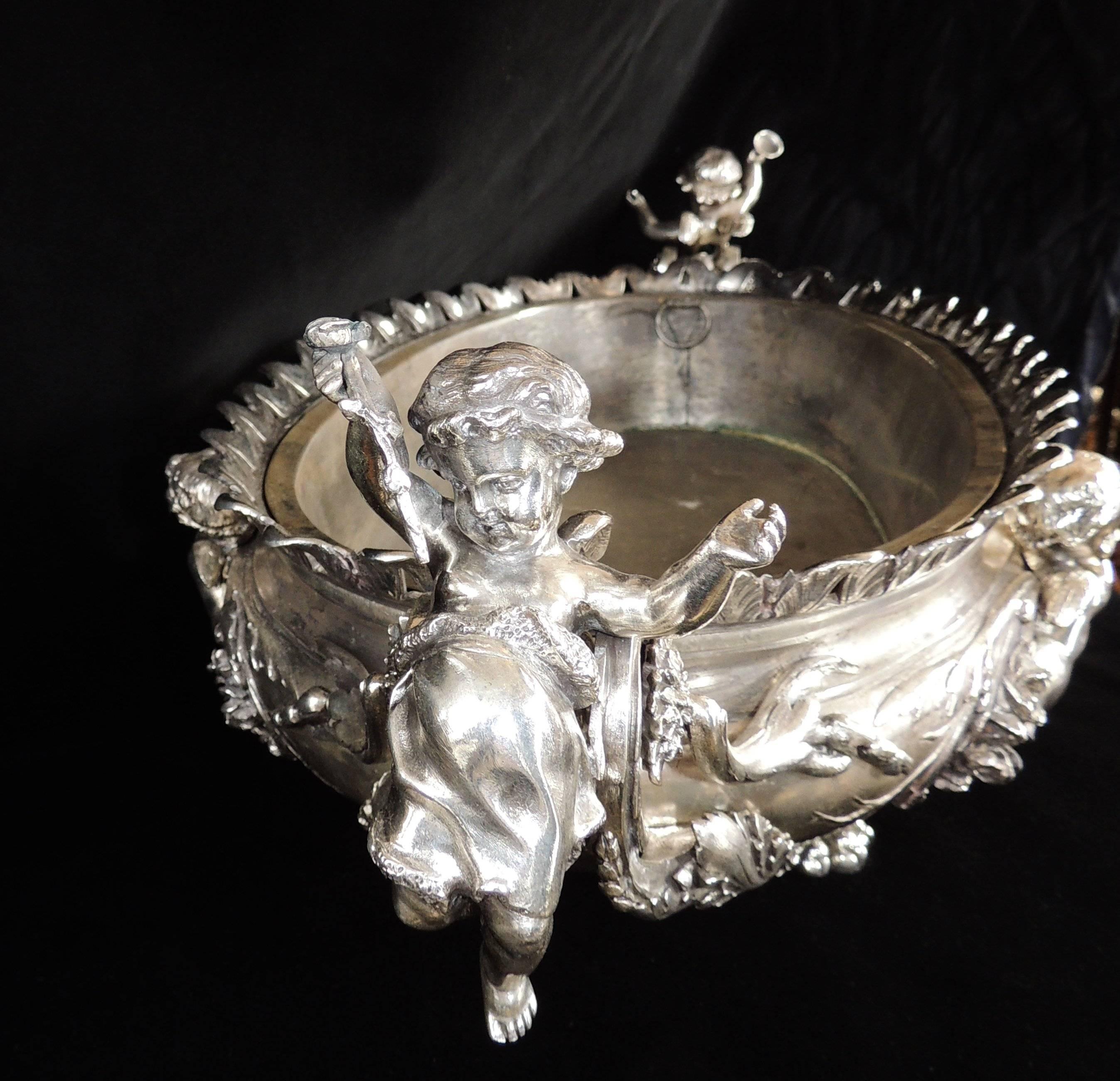 French Monumental Christofle Silver Plated Fine Bronze Cherub Putti Figural Centerpiece