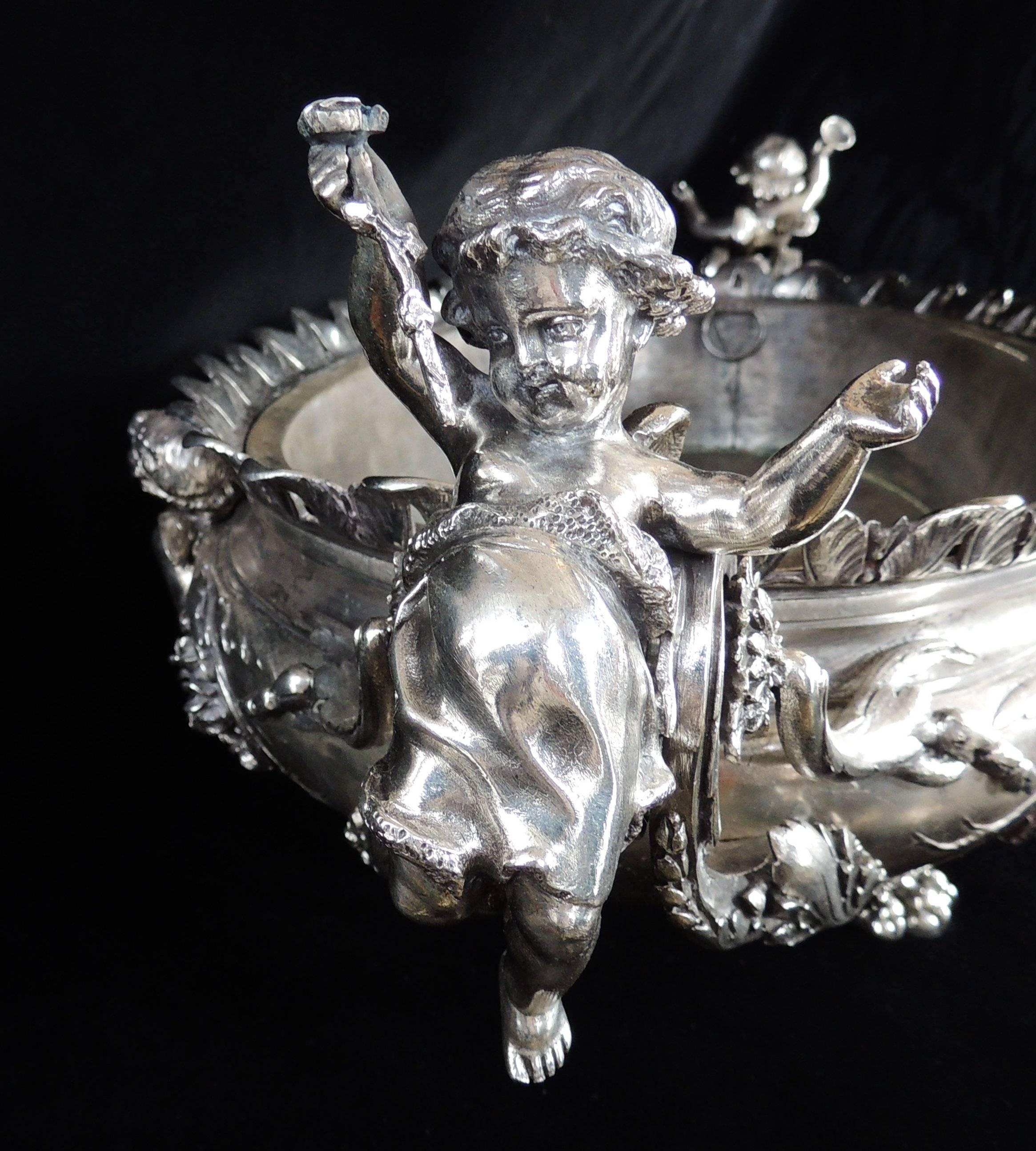 Monumental Christofle Silver Plated Fine Bronze Cherub Putti Figural Centerpiece In Good Condition In Roslyn, NY
