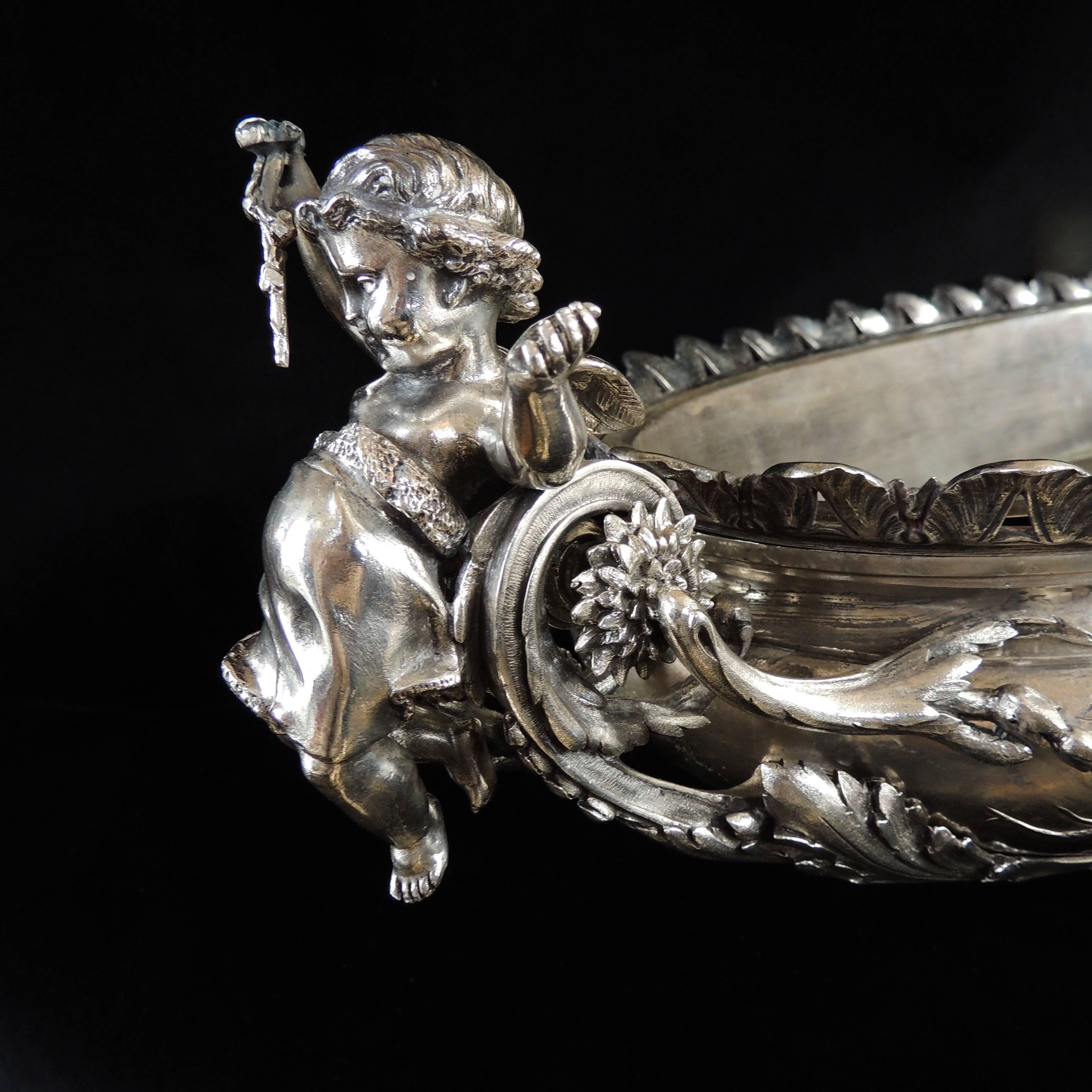 Mid-20th Century Monumental Christofle Silver Plated Fine Bronze Cherub Putti Figural Centerpiece
