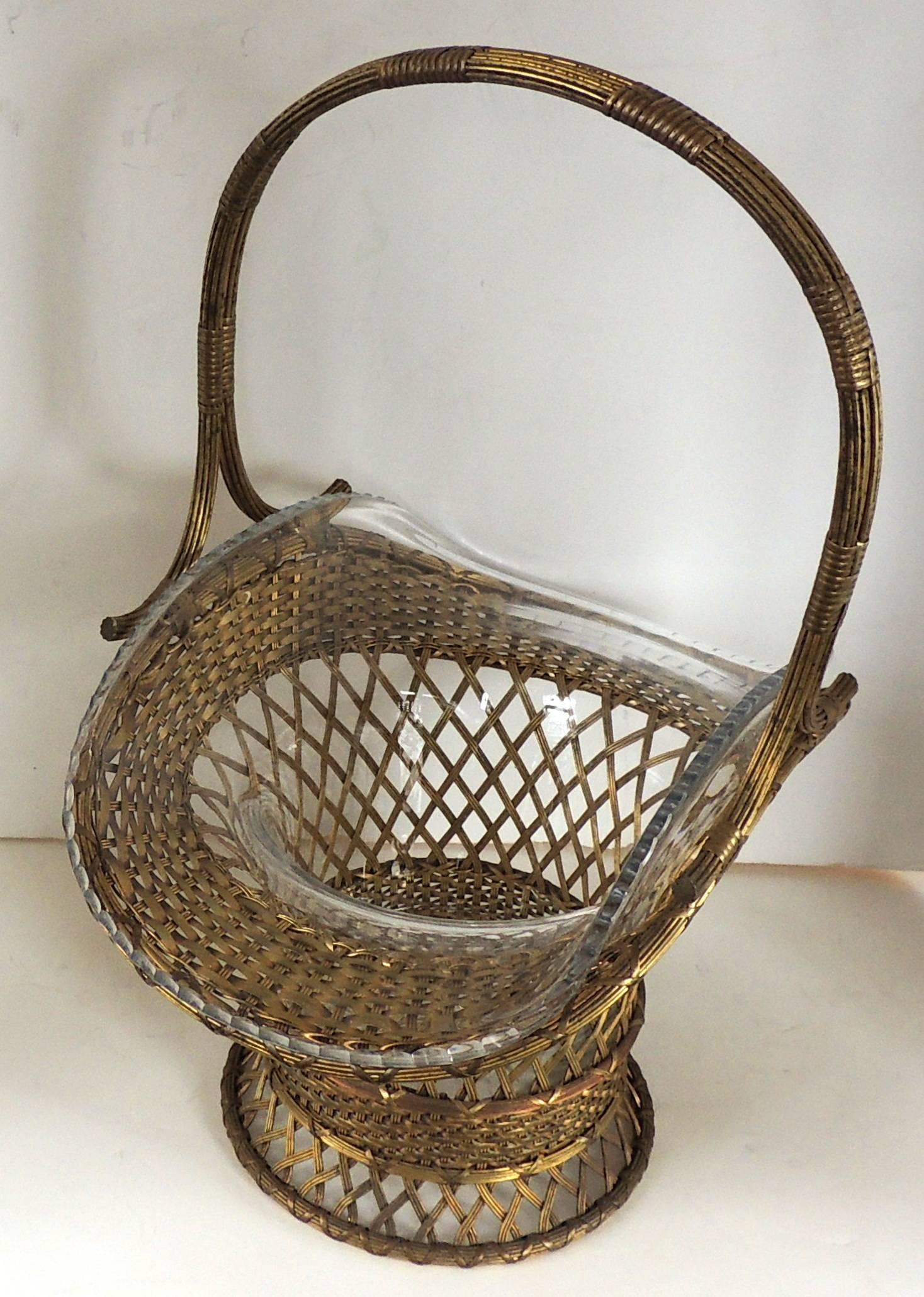 Wonderful French bronze and crystal woven basket large glass gilt centerpiece.