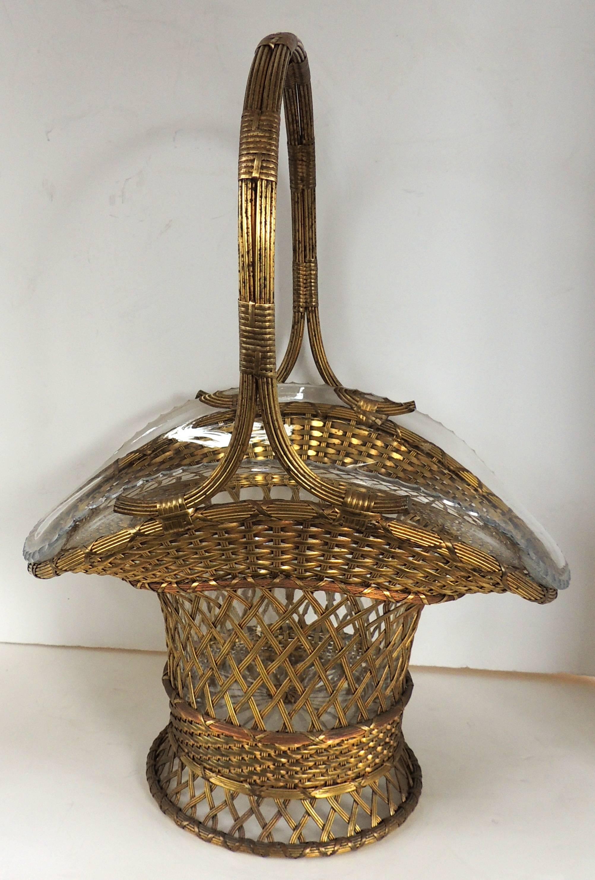 Belle Époque Wonderful French Bronze and Crystal Woven Basket Large Glass Gilt Centerpiece 