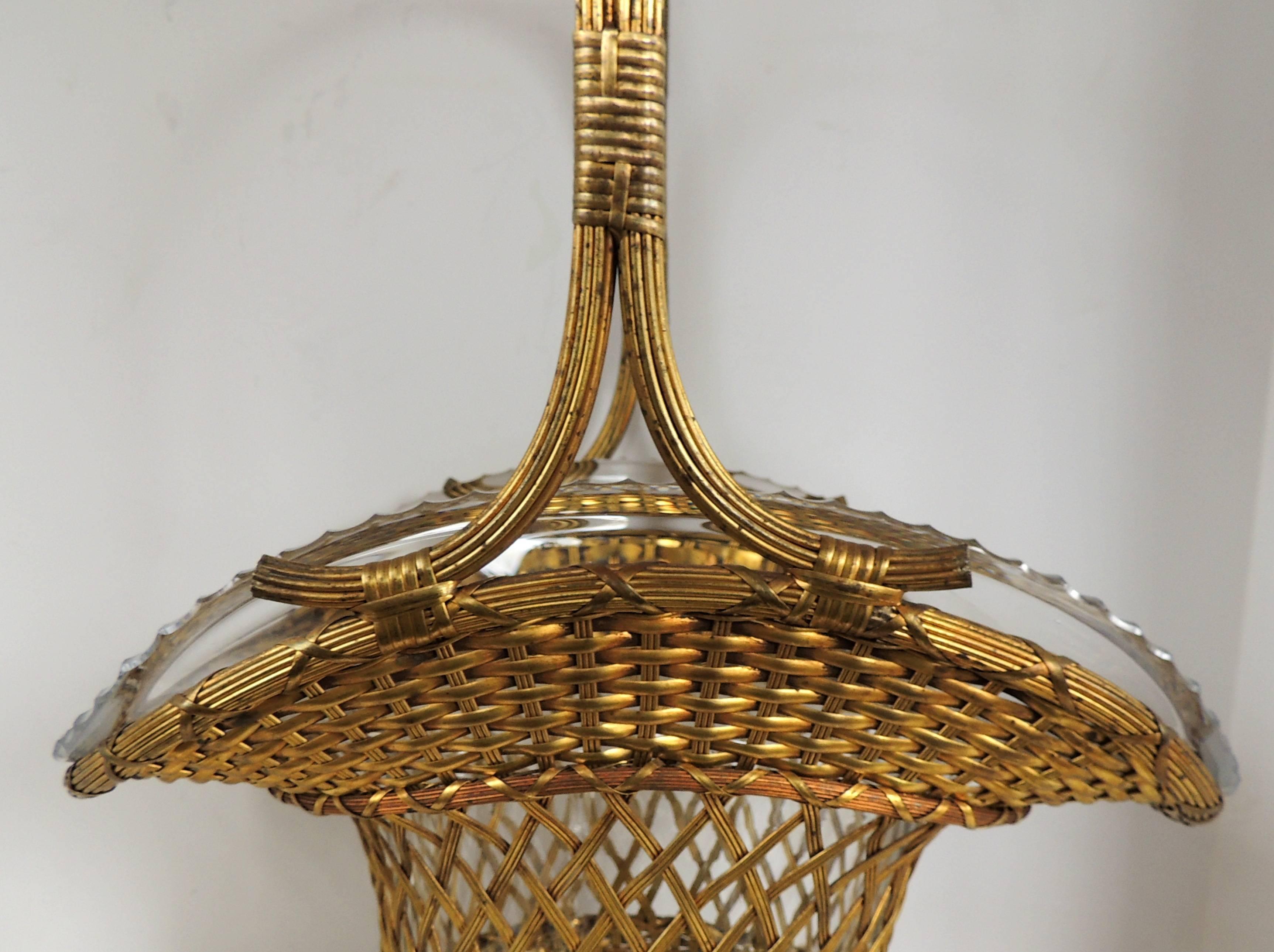 Wonderful French Bronze and Crystal Woven Basket Large Glass Gilt Centerpiece  In Good Condition In Roslyn, NY