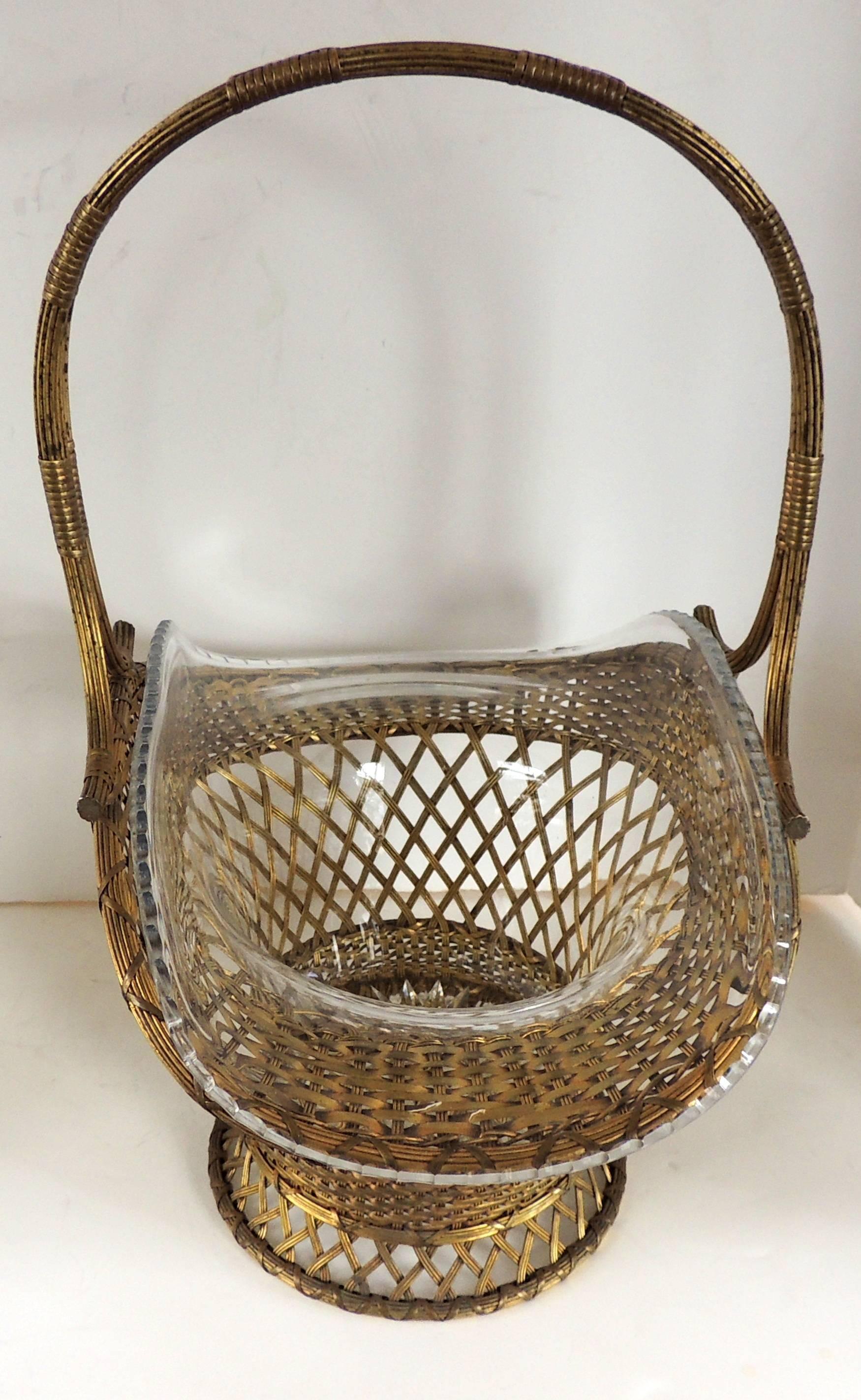 Mid-20th Century Wonderful French Bronze and Crystal Woven Basket Large Glass Gilt Centerpiece 