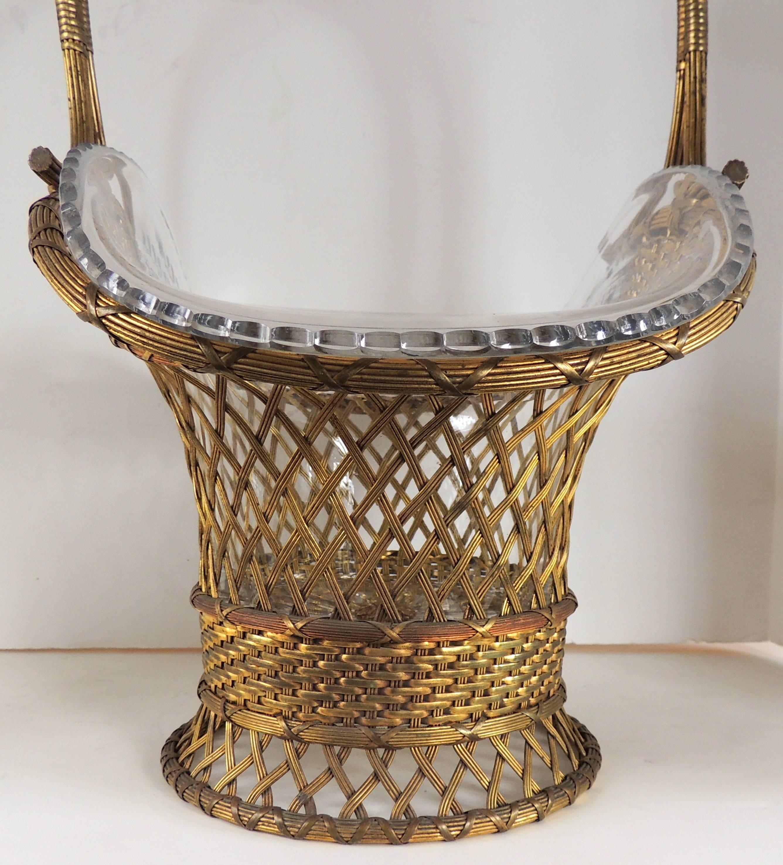 Art Glass Wonderful French Bronze and Crystal Woven Basket Large Glass Gilt Centerpiece 