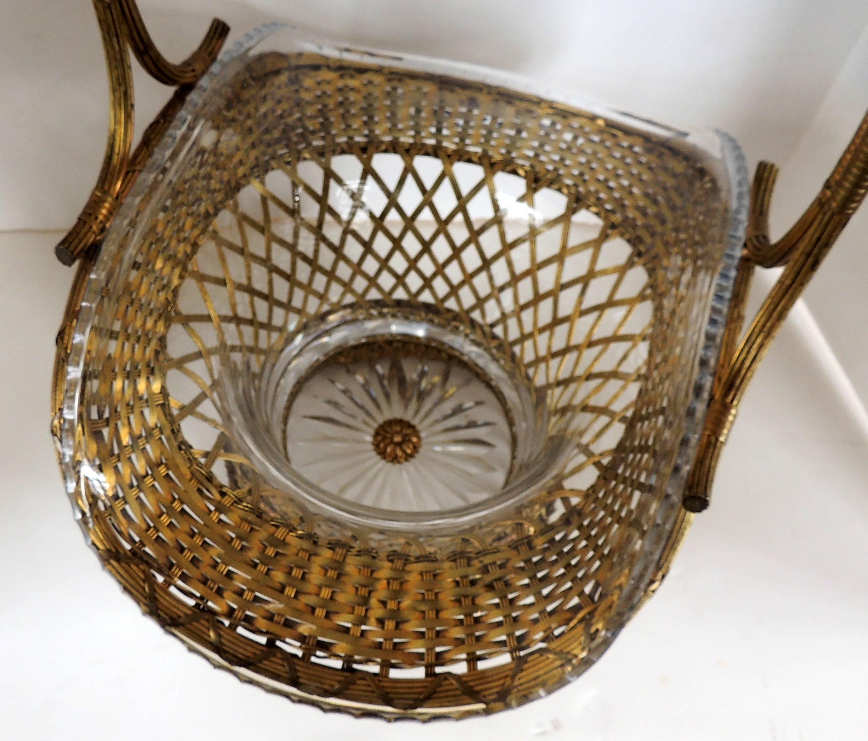 Wonderful French Bronze and Crystal Woven Basket Large Glass Gilt Centerpiece  2