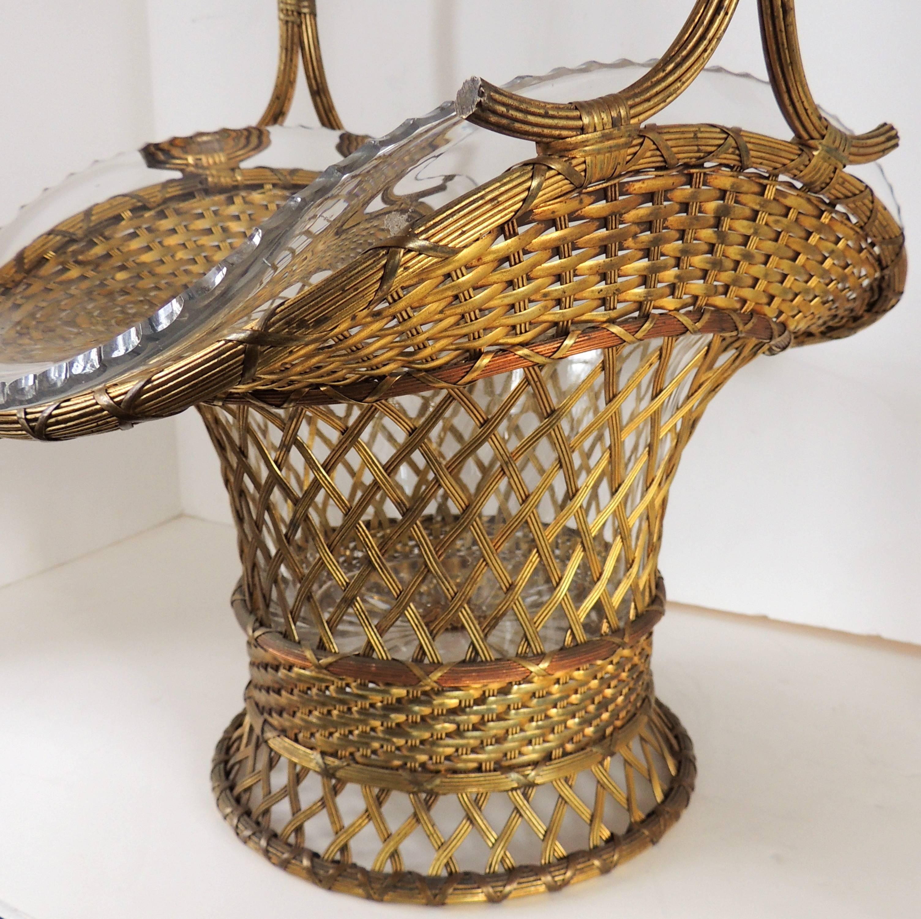 Wonderful French Bronze and Crystal Woven Basket Large Glass Gilt Centerpiece  1