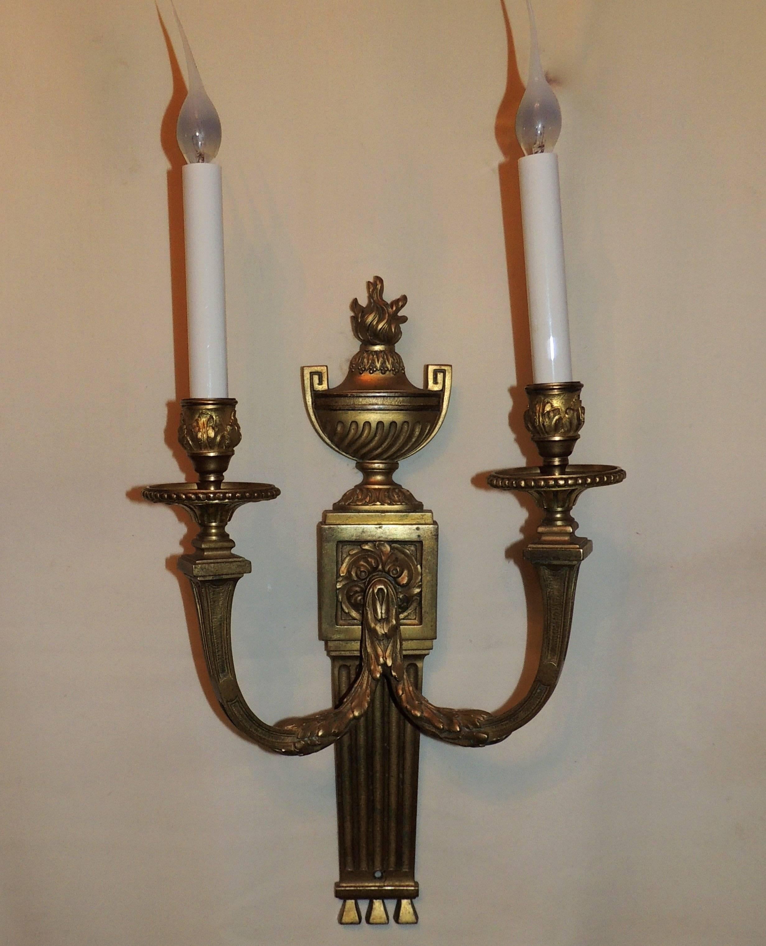 American Elegant Neoclassical Pair of Caldwell Empire French Gilt Bronze Two-Arm Sconces