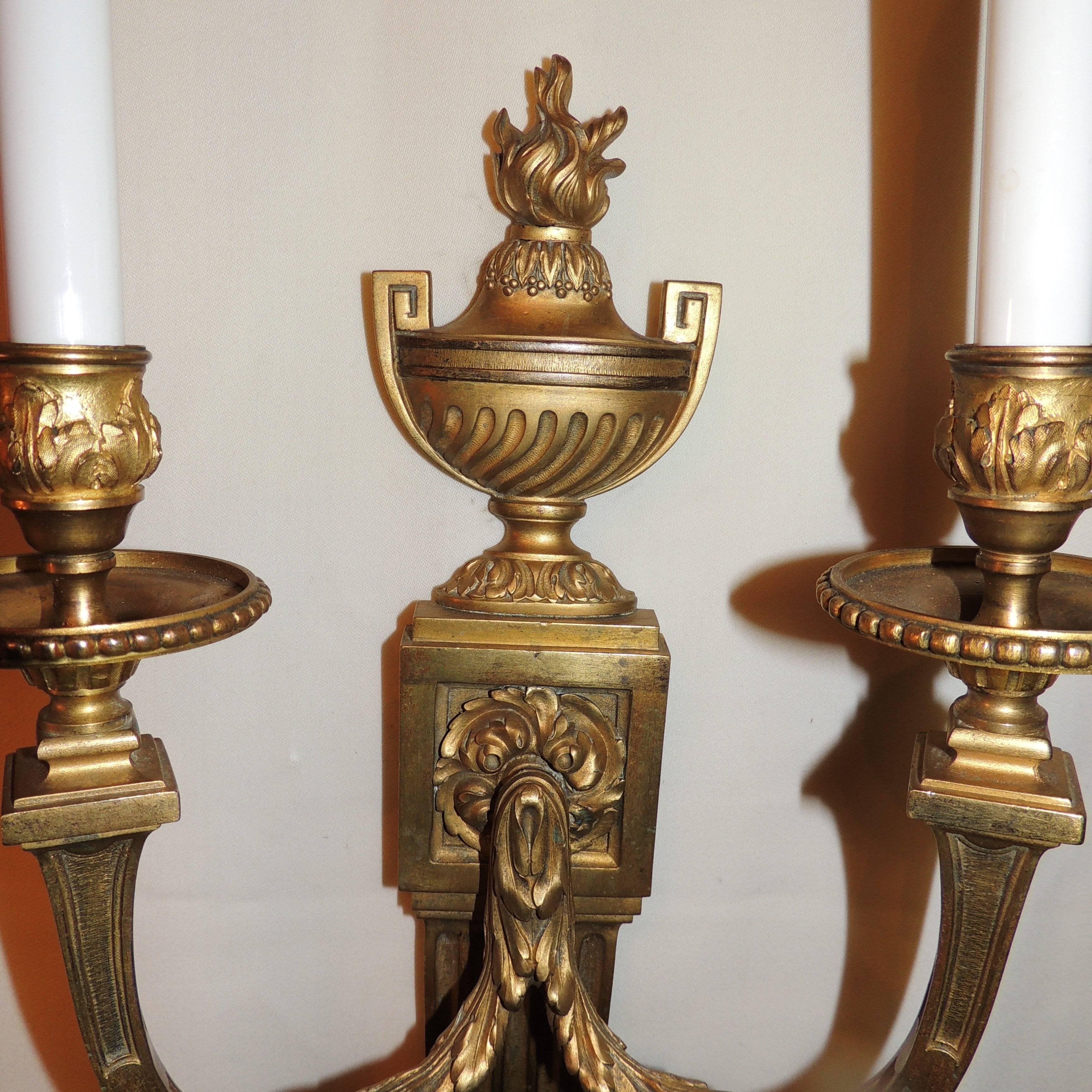 Elegant Neoclassical Pair of Caldwell Empire French Gilt Bronze Two-Arm Sconces 1