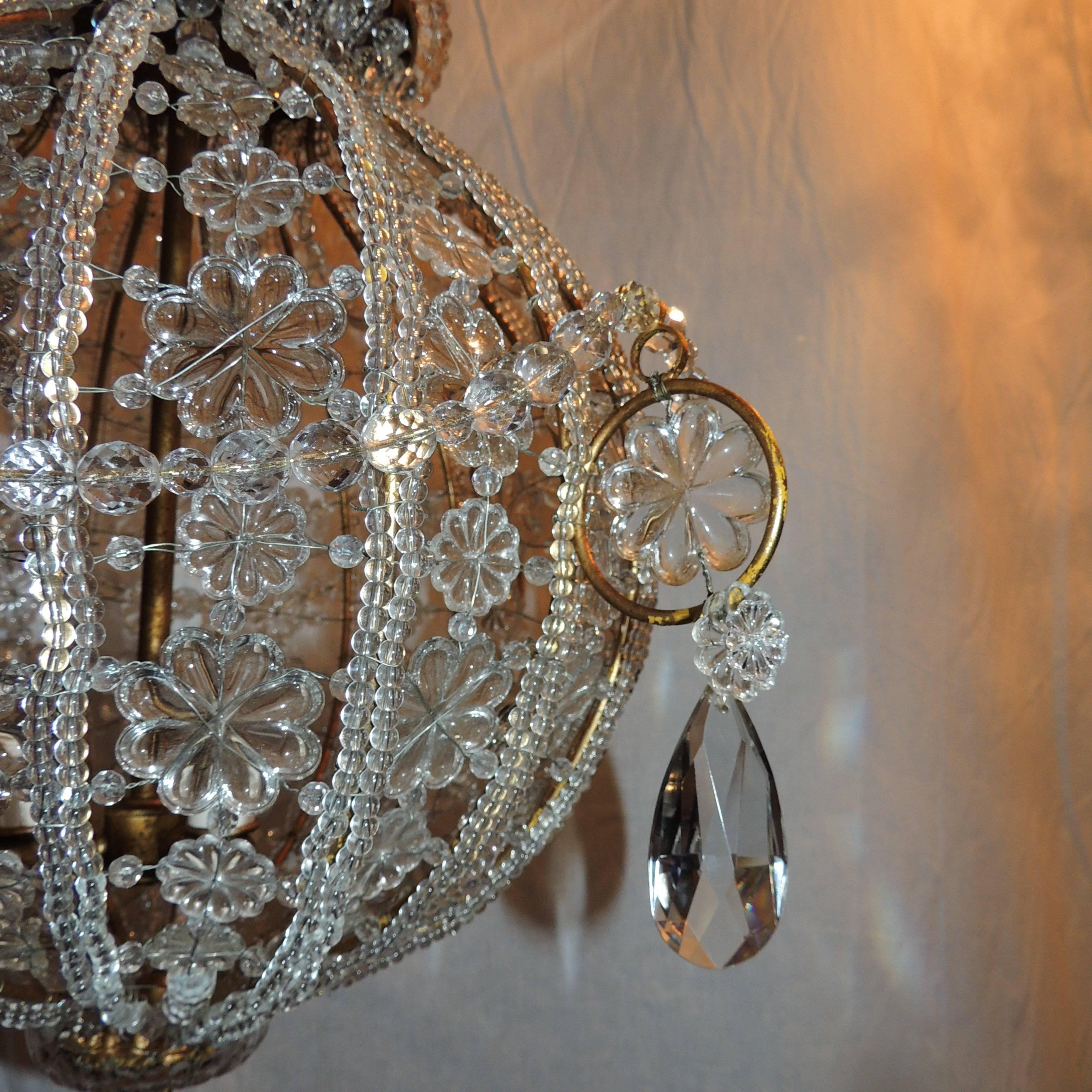 Beautiful Pair Italian Beaded Crystal Globe Flush Mounts Fixture Chandeliers  In Good Condition In Roslyn, NY