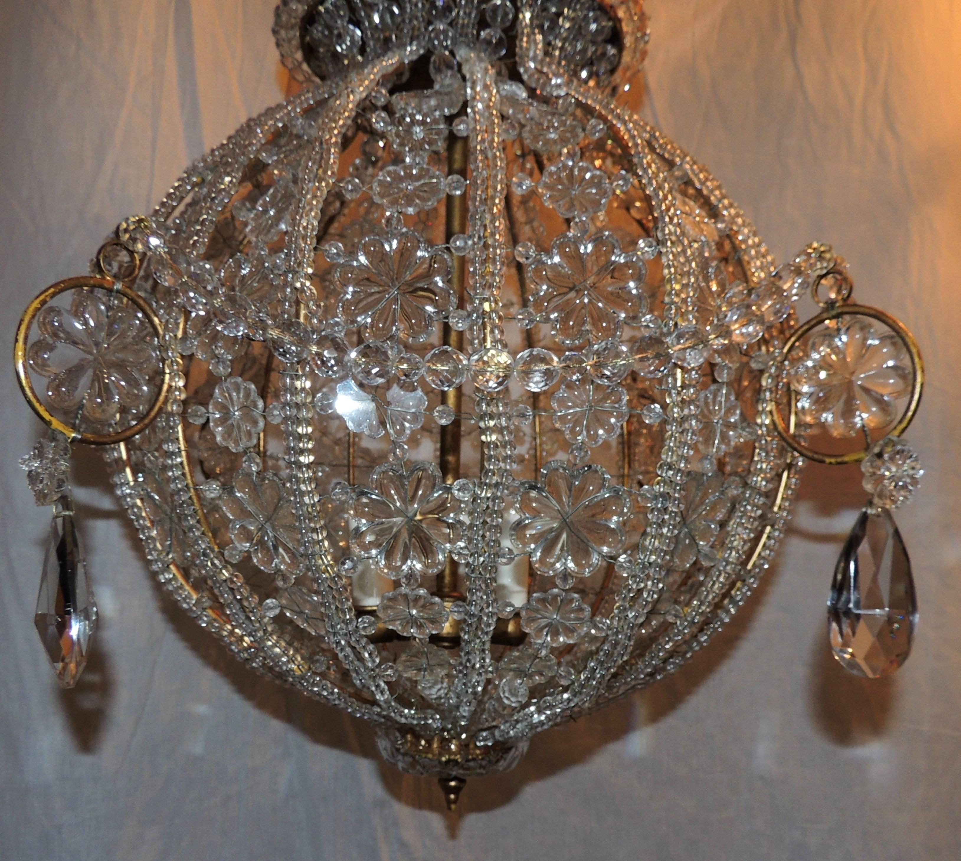 Gilt Beautiful Pair Italian Beaded Crystal Globe Flush Mounts Fixture Chandeliers 