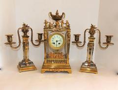 Wonderful French Three-Piece Gilt Bronze Crystal Glass Clock Set Suite Garniture