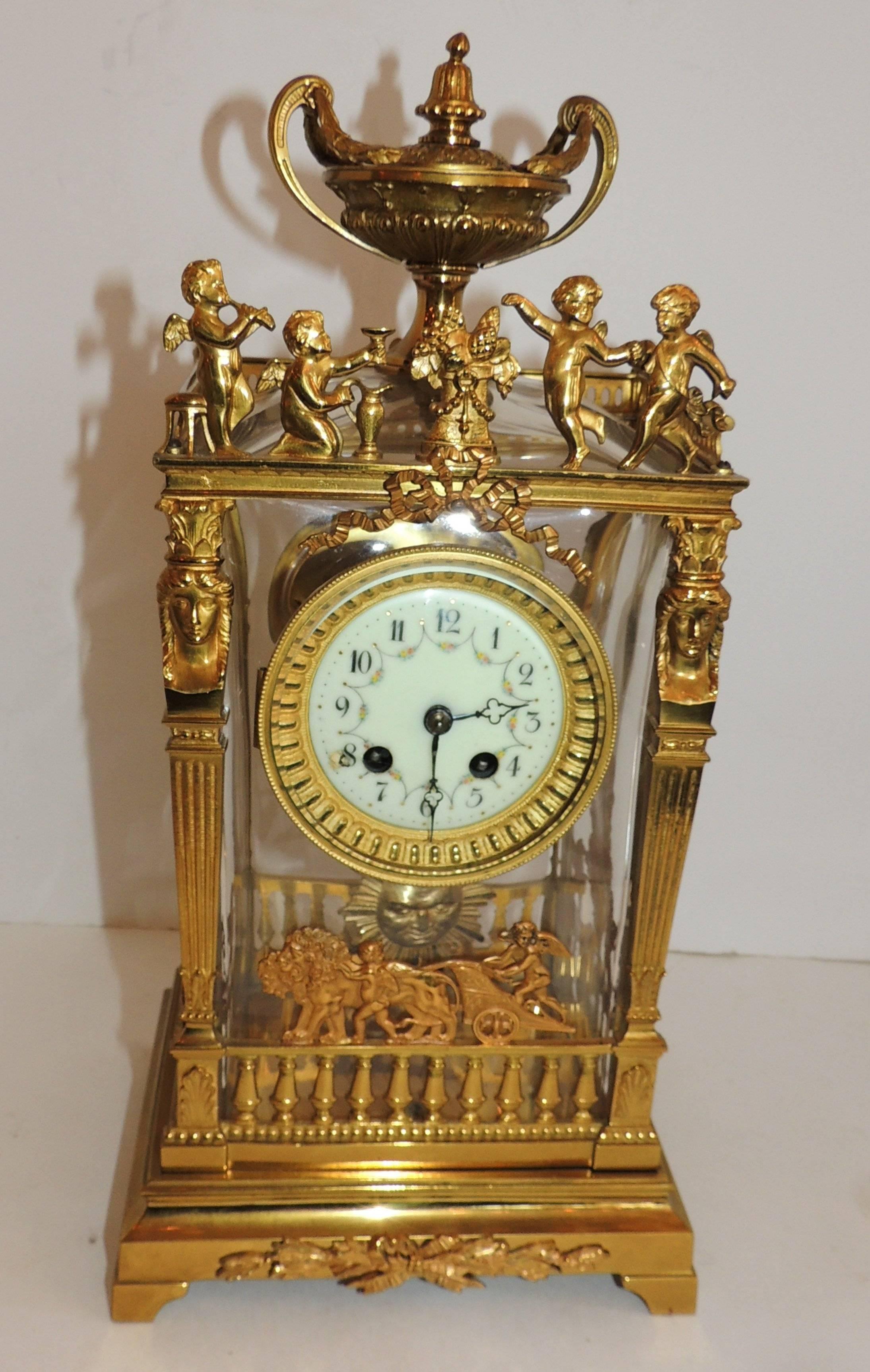 Empire Wonderful French Three-Piece Gilt Bronze Crystal Glass Clock Set Suite Garniture