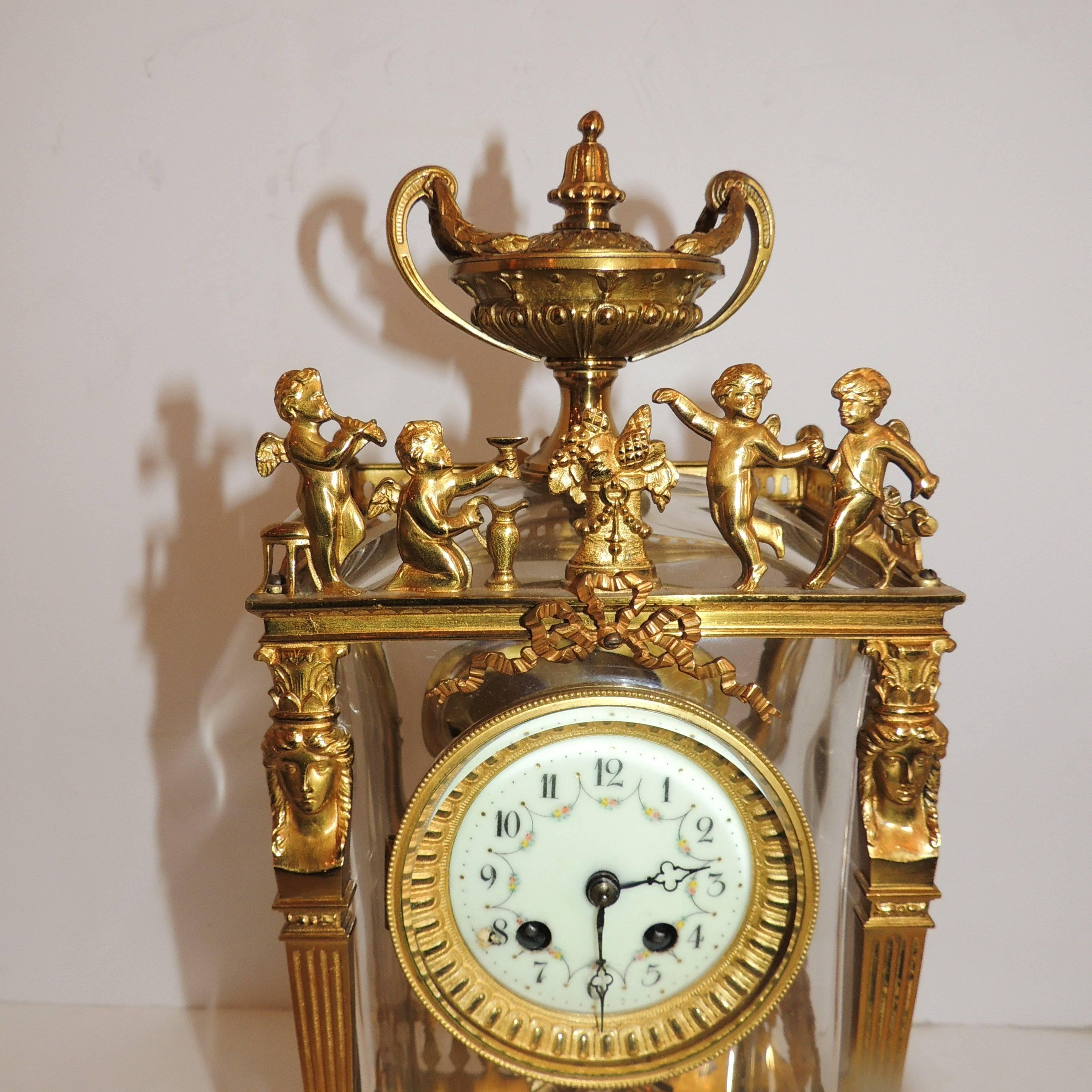 Wonderful French Three-Piece Gilt Bronze Crystal Glass Clock Set Suite Garniture In Good Condition In Roslyn, NY