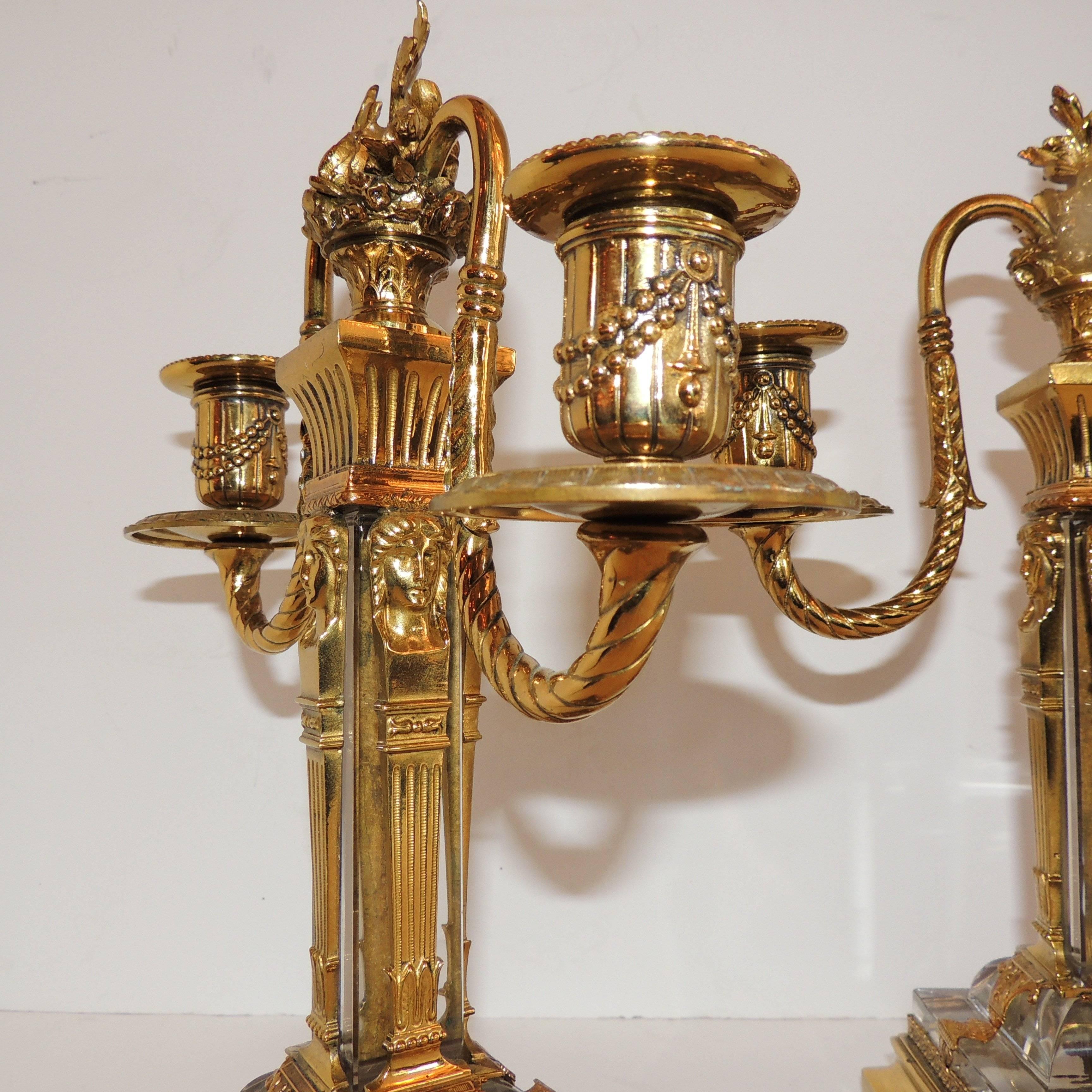 Wonderful French Three-Piece Gilt Bronze Crystal Glass Clock Set Suite Garniture 4