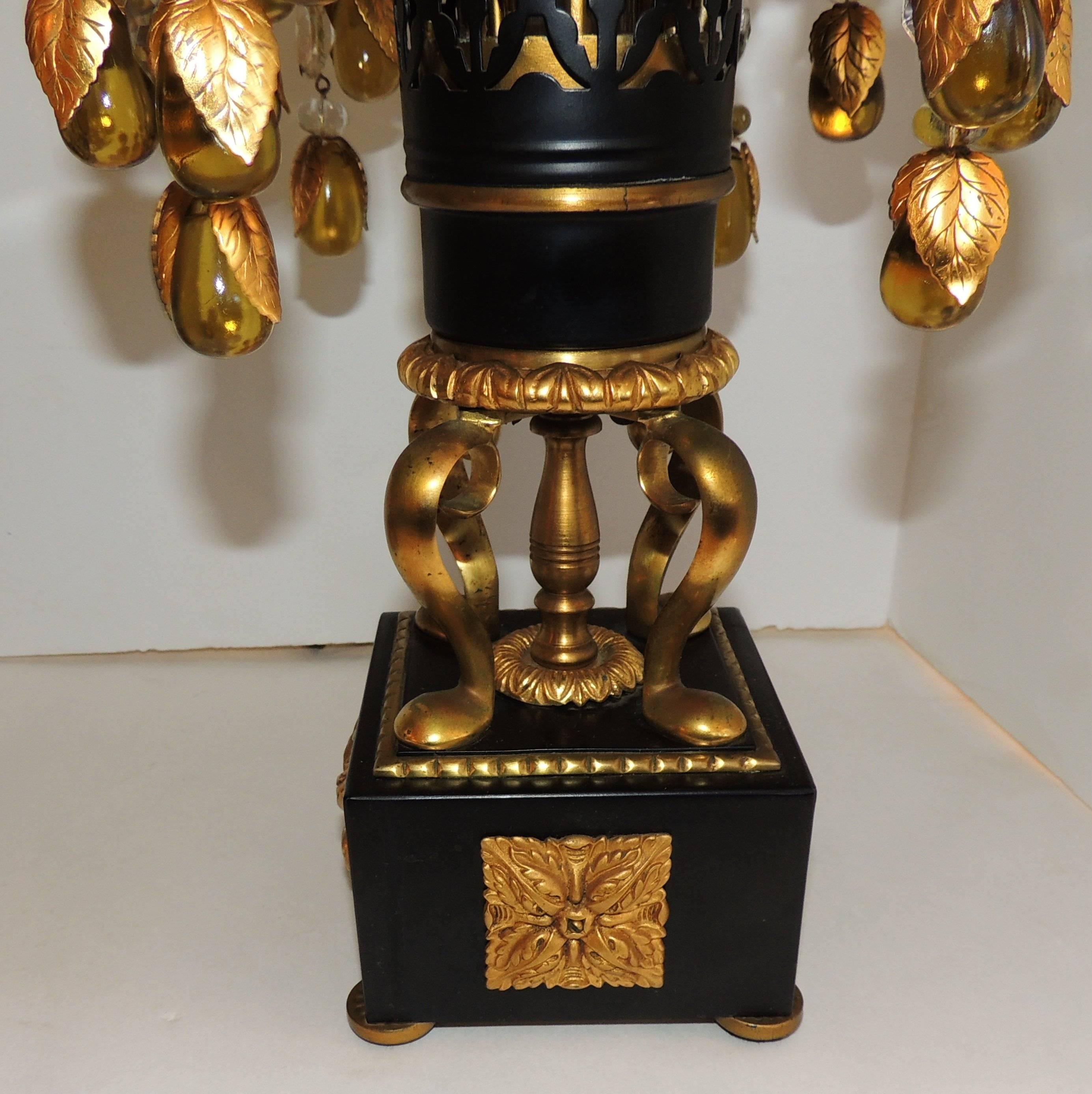 Mid-20th Century Elegant Pair of Gilt Patina Bronze Crystal Drop Tole Neoclassical Jansen Lamps