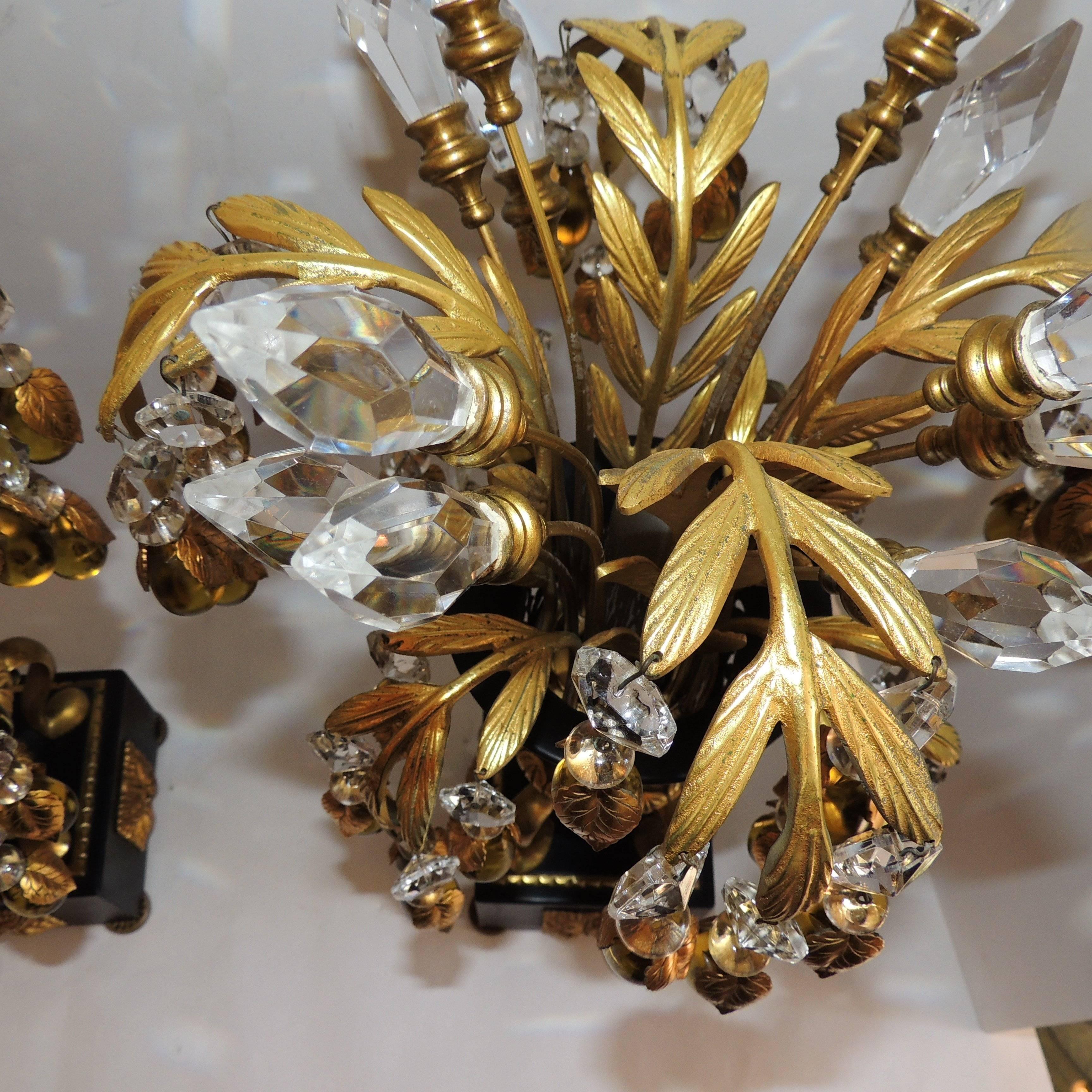 Elegant Pair of Gilt Patina Bronze Crystal Drop Tole Neoclassical Jansen Lamps 1