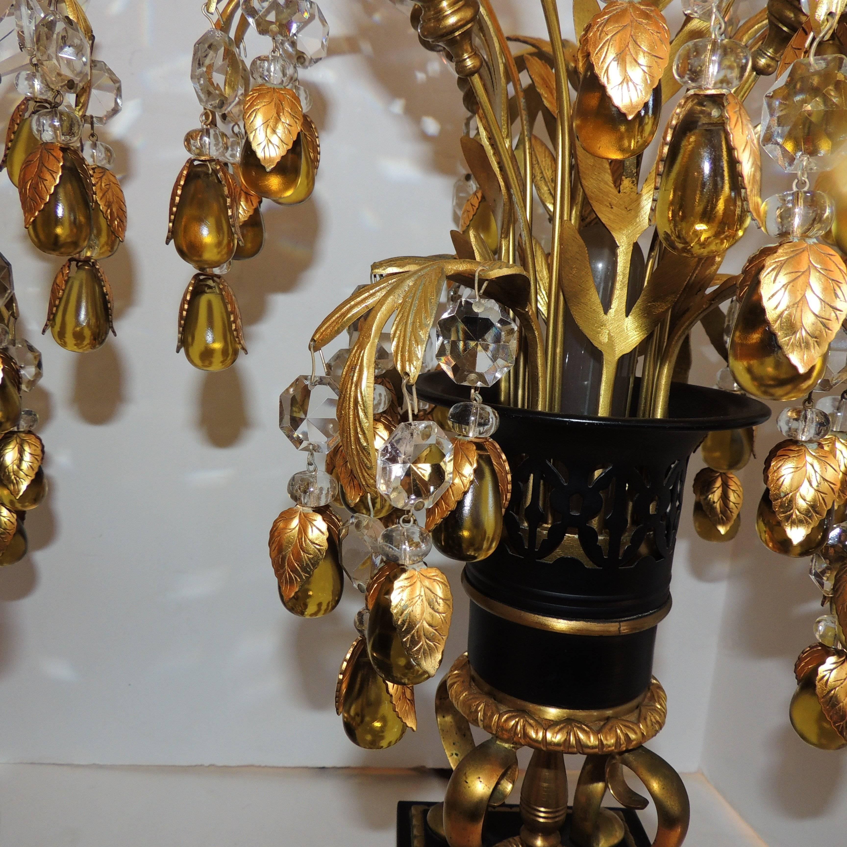 Elegant Pair of Gilt Patina Bronze Crystal Drop Tole Neoclassical Jansen Lamps 2