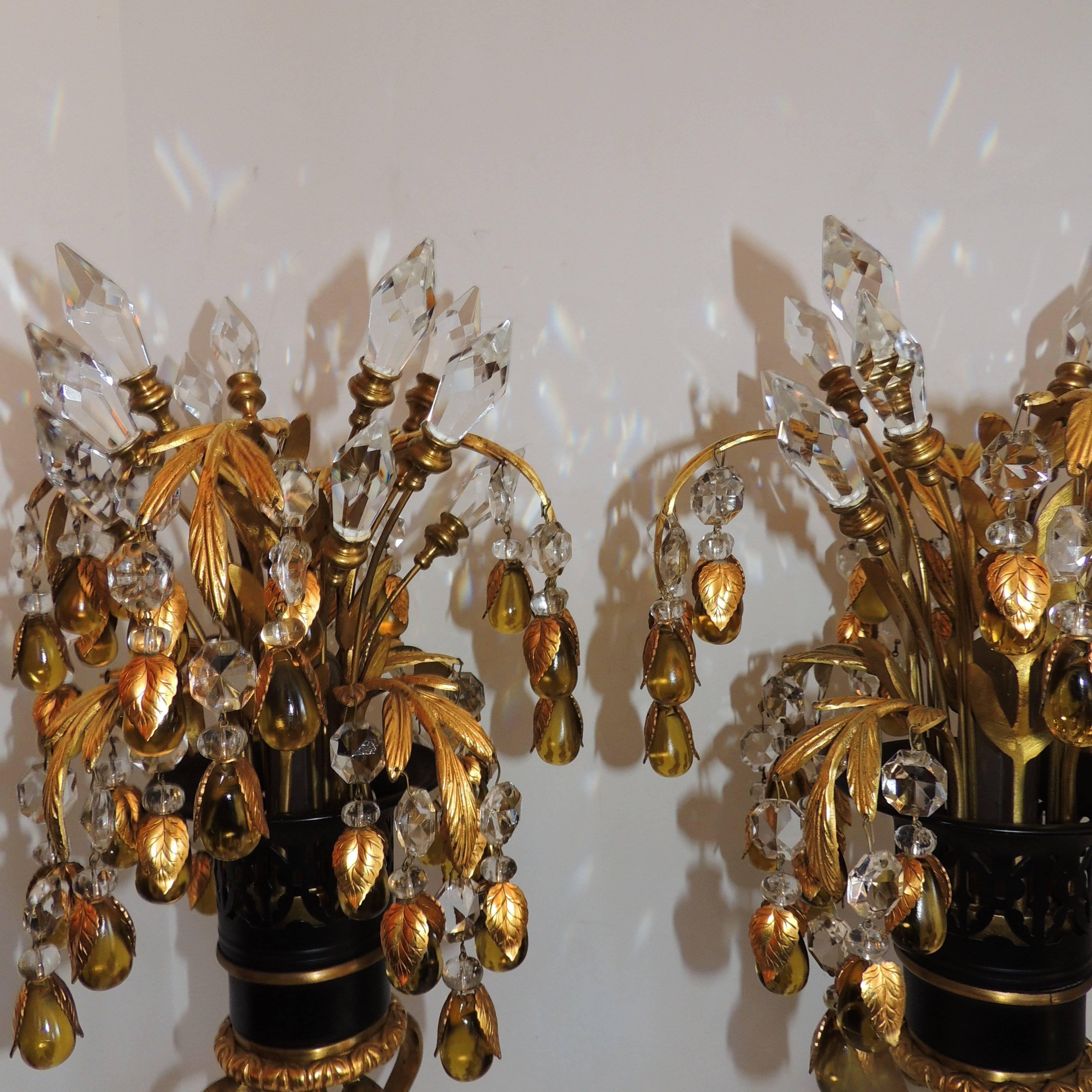 Elegant Pair of Gilt Patina Bronze Crystal Drop Tole Neoclassical Jansen Lamps 3