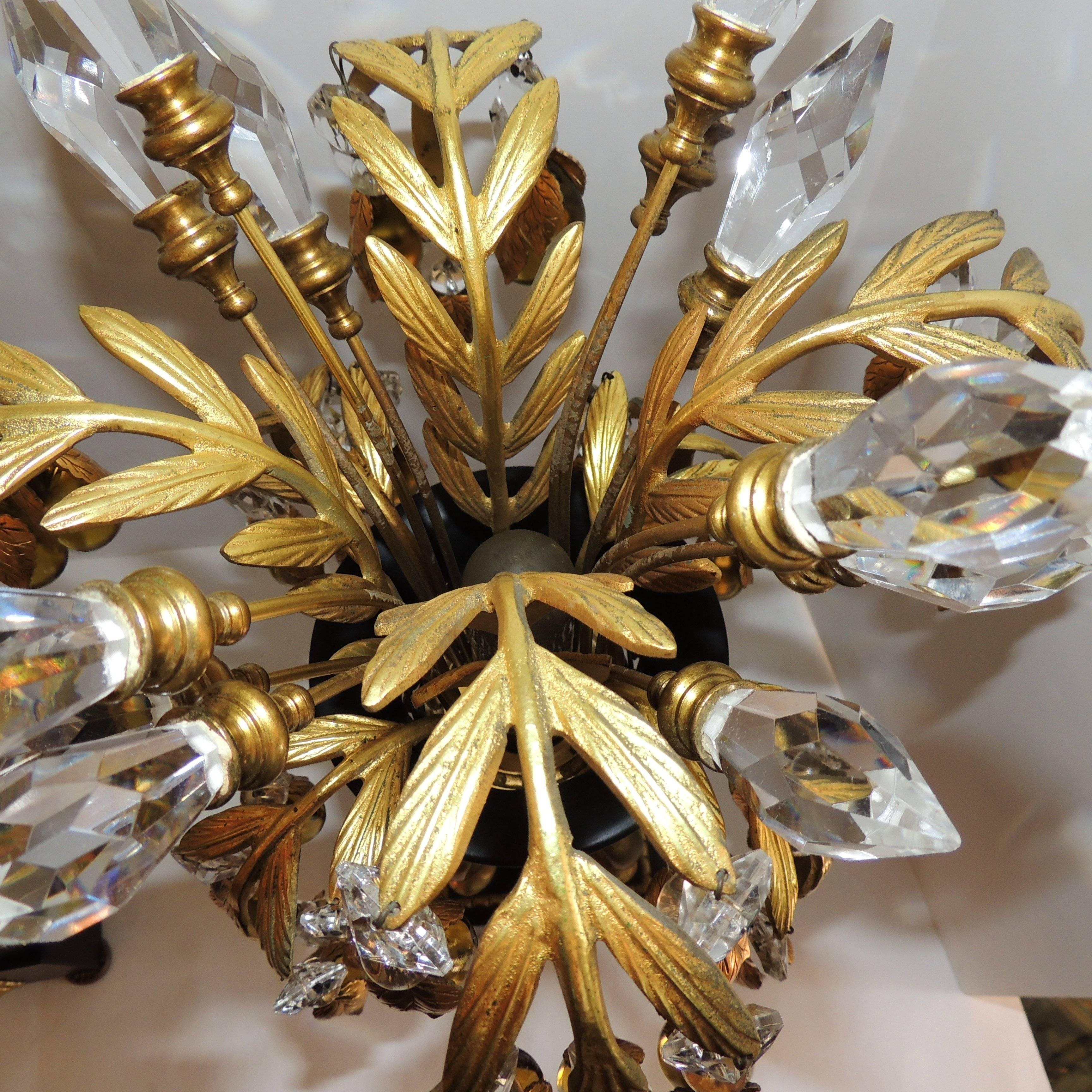 Elegant Pair of Gilt Patina Bronze Crystal Drop Tole Neoclassical Jansen Lamps 4