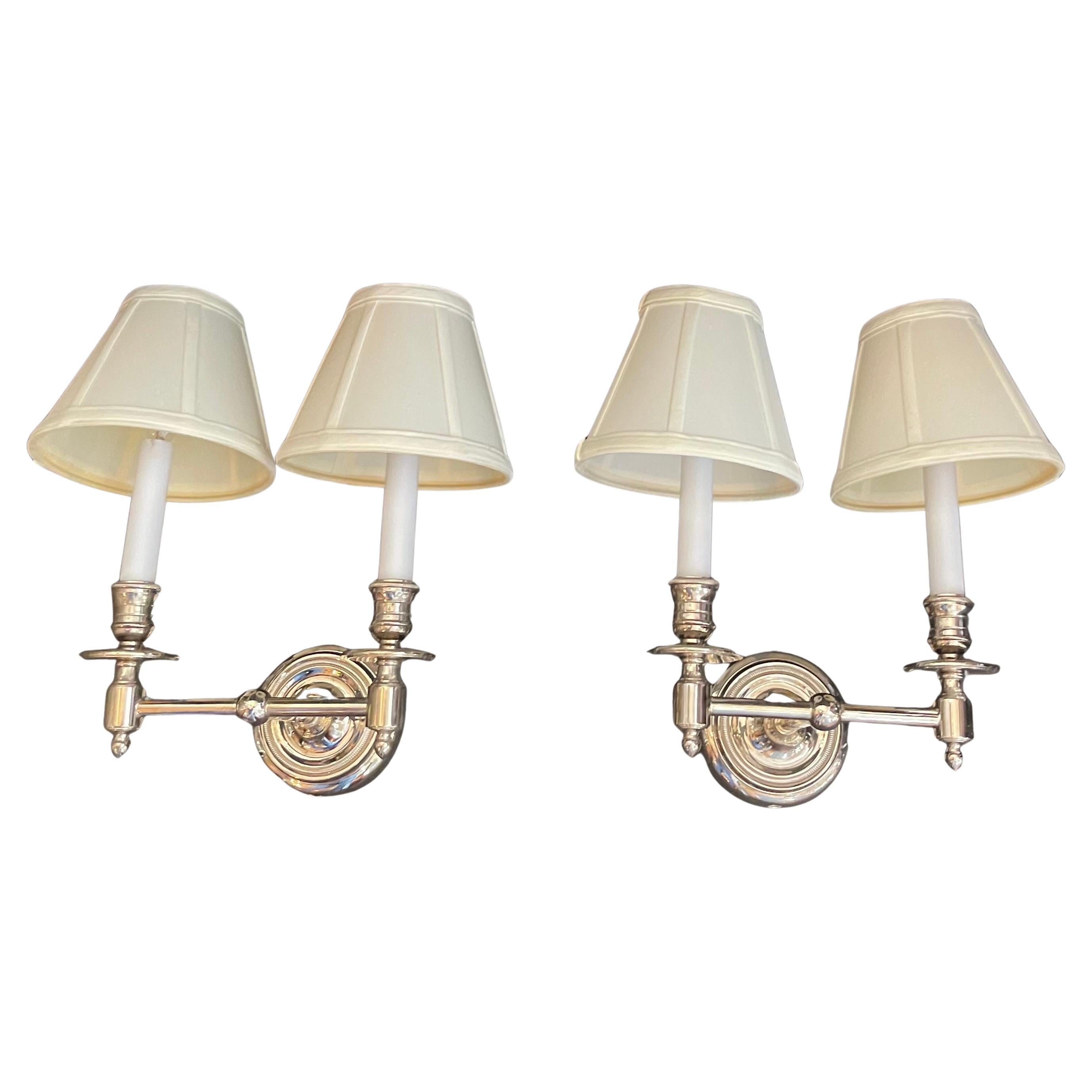 Wonderful Set 4 Visual Comfort Double French Polished Nickel Wall Sconces Shades