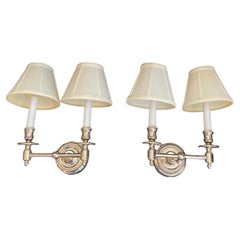 Wonderful Set 4 Visual Comfort Double French Polished Nickel Wall Sconces Shades