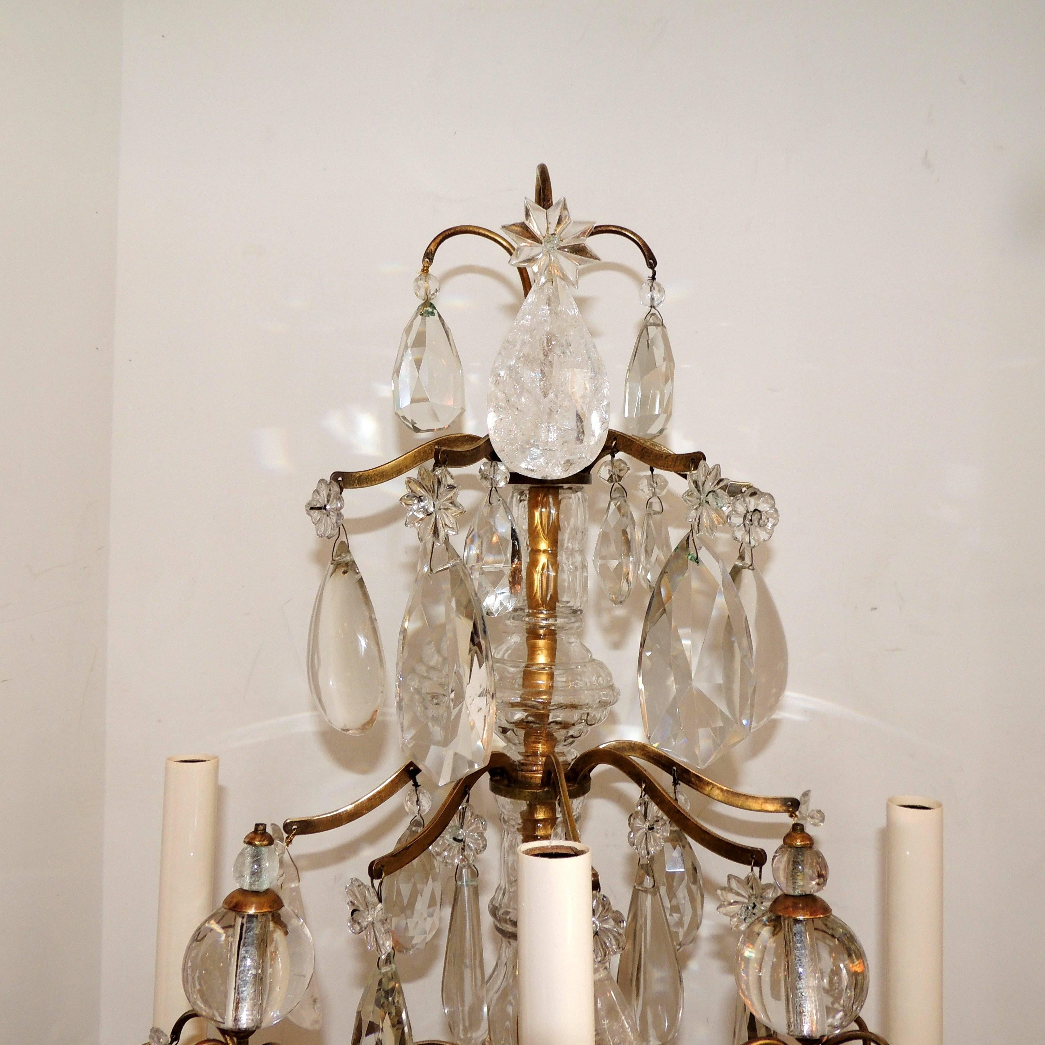 Gilt Beautiful Pair of French Bronze Rock Crystal Baguès Girandoles Candelabra Lamp
