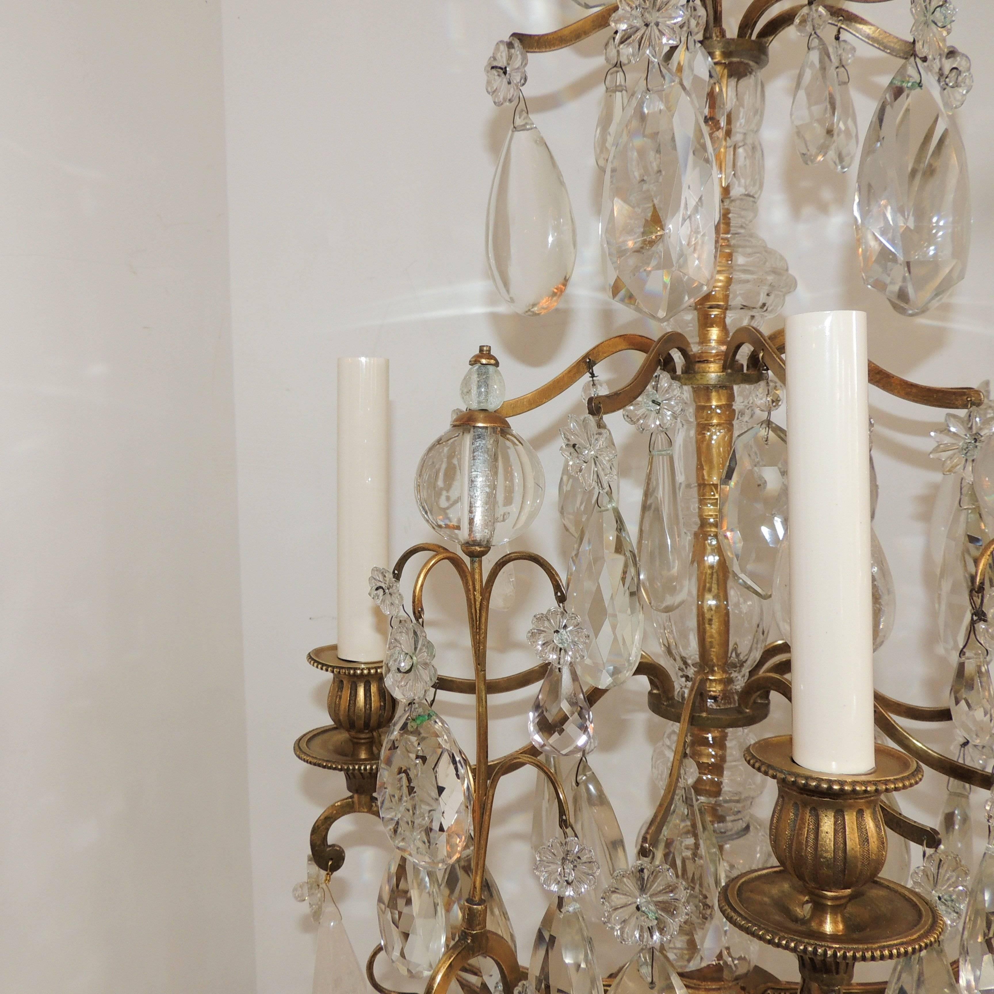Beautiful Pair of French Bronze Rock Crystal Baguès Girandoles Candelabra Lamp 1
