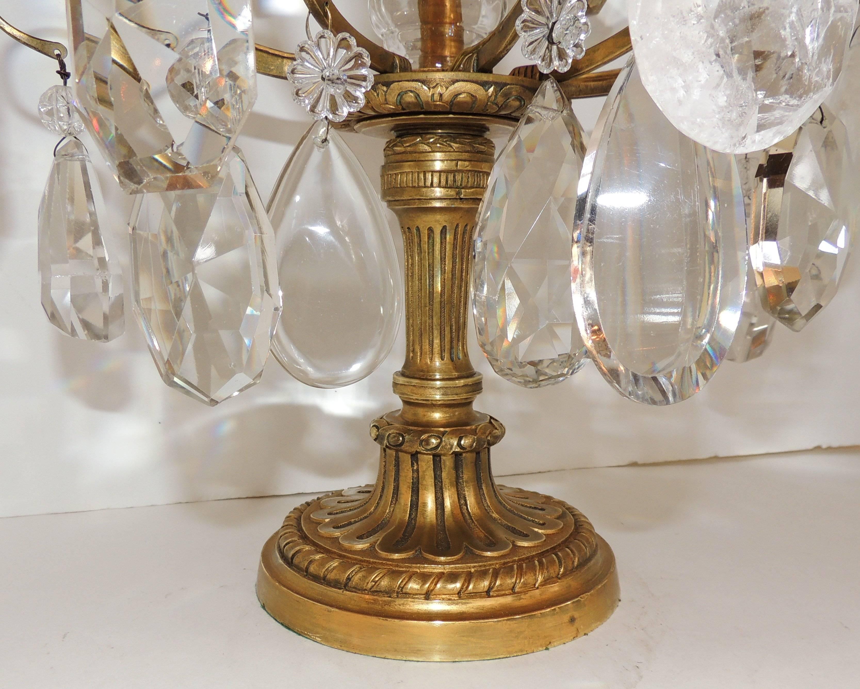 Beautiful Pair of French Bronze Rock Crystal Baguès Girandoles Candelabra Lamp 3