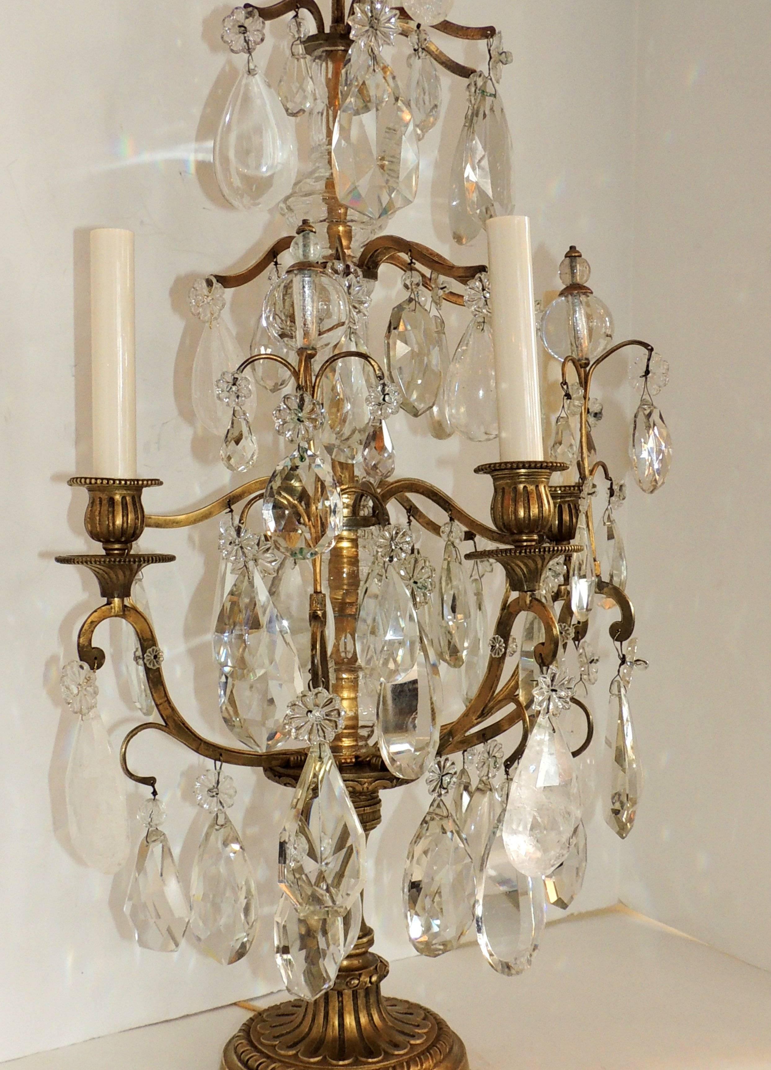 Beautiful Pair of French Bronze Rock Crystal Baguès Girandoles Candelabra Lamp 5