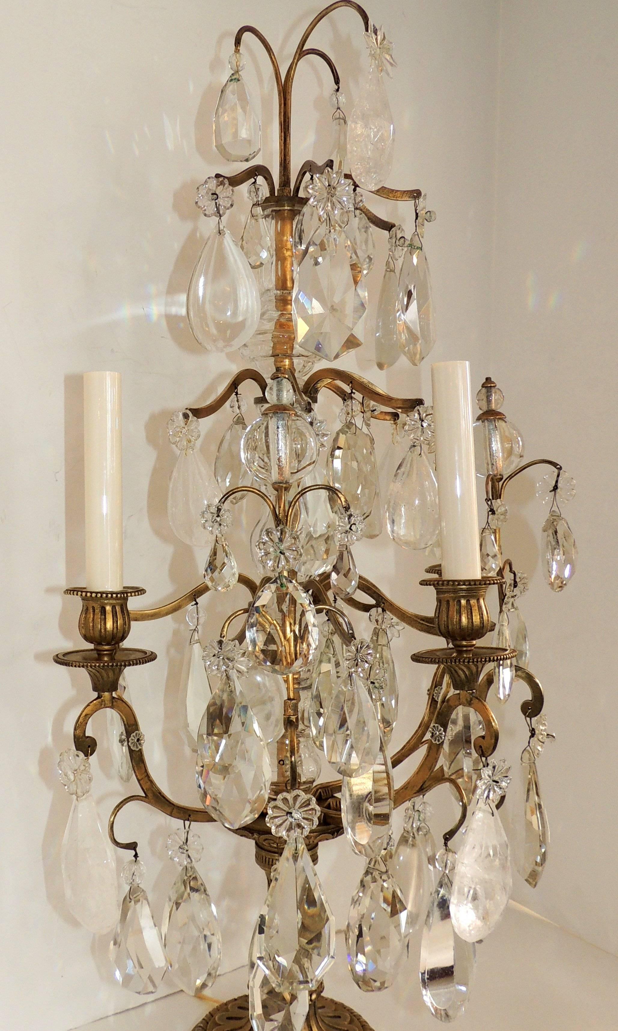 Beautiful Pair of French Bronze Rock Crystal Baguès Girandoles Candelabra Lamp In Good Condition In Roslyn, NY