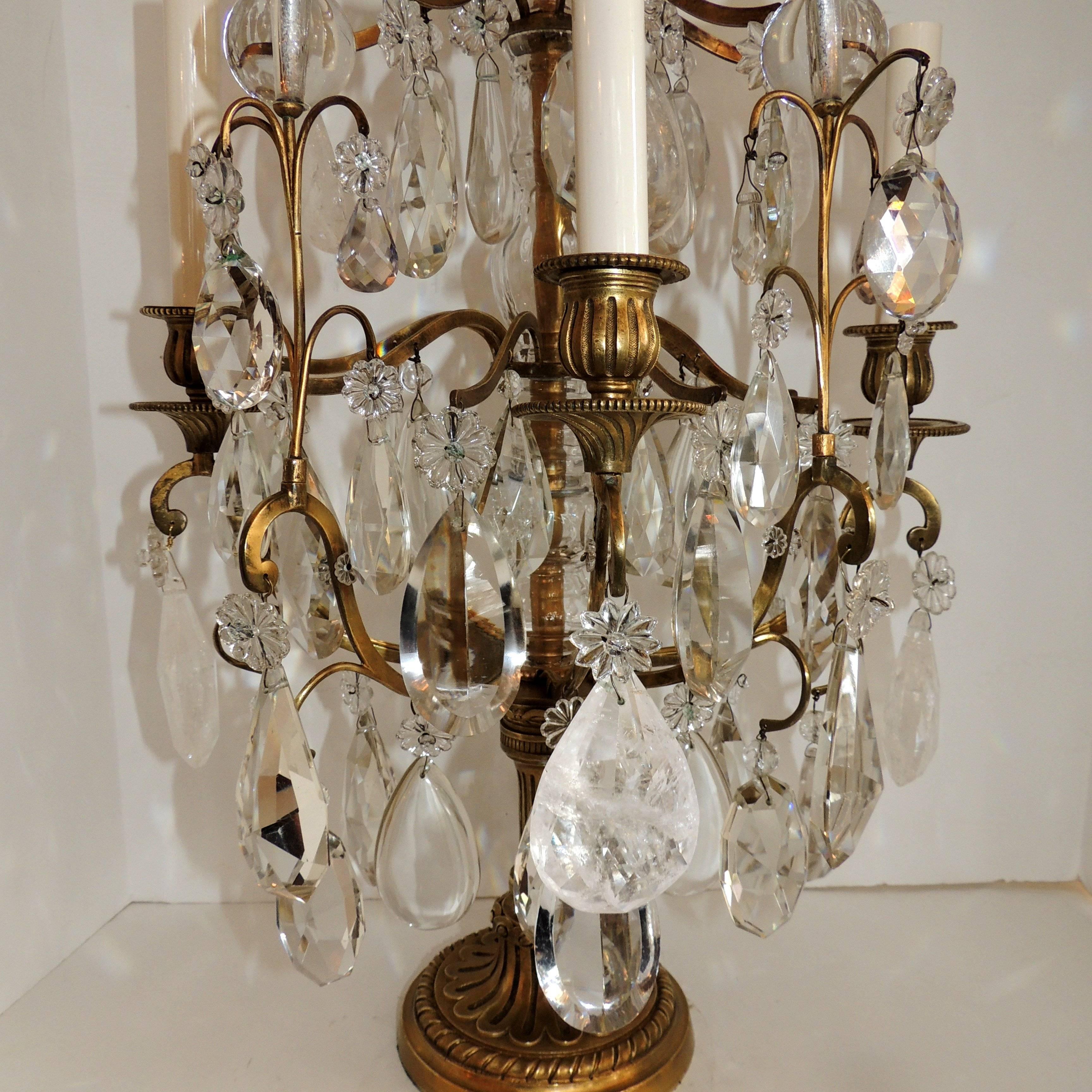Beautiful Pair of French Bronze Rock Crystal Baguès Girandoles Candelabra Lamp 2